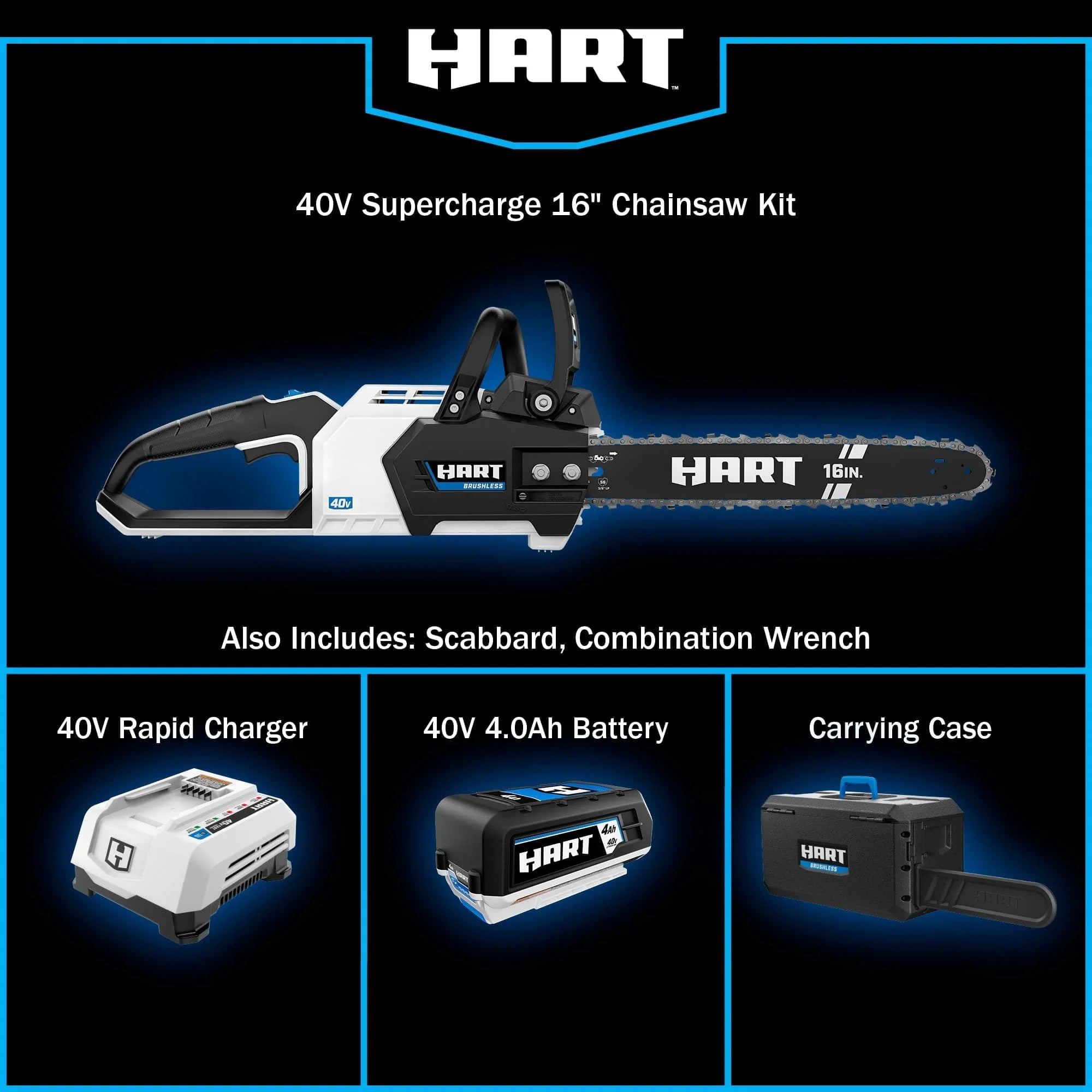 2026 New HART 40-Volt 16-inch SUPERCHARGE Battery-Powered Brushless Chainsaw Kit, (1) 4.0 Ah Lithium-Ion Battery - Image 12