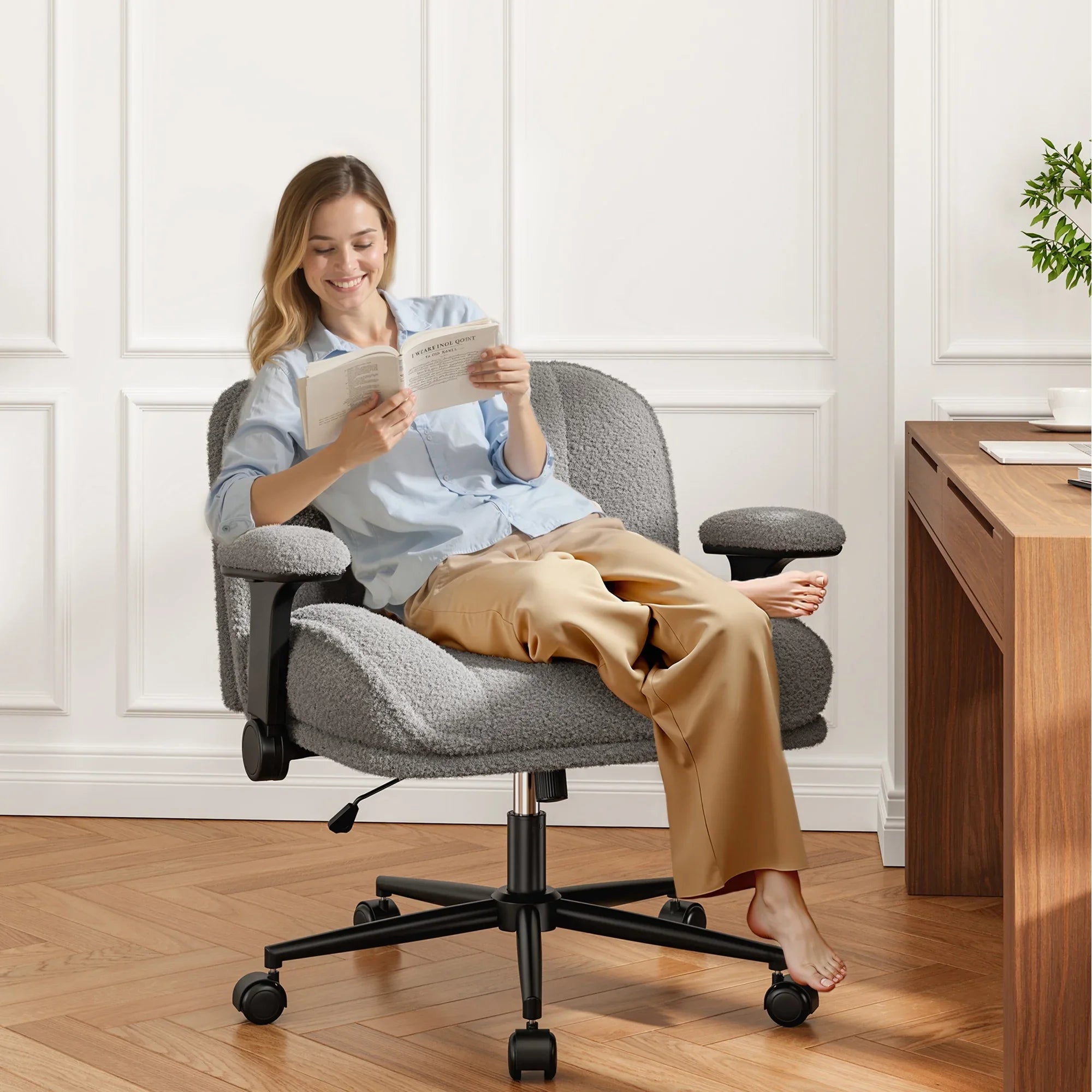 2026 New Romorgniz Criss Cross Chair with Adjustable Arms & Lumbar Support Office Chair with Reclining Back, Thick Cushion & Wheels for Office, Gaming, Reading, Vanity, Off-White - Image 18