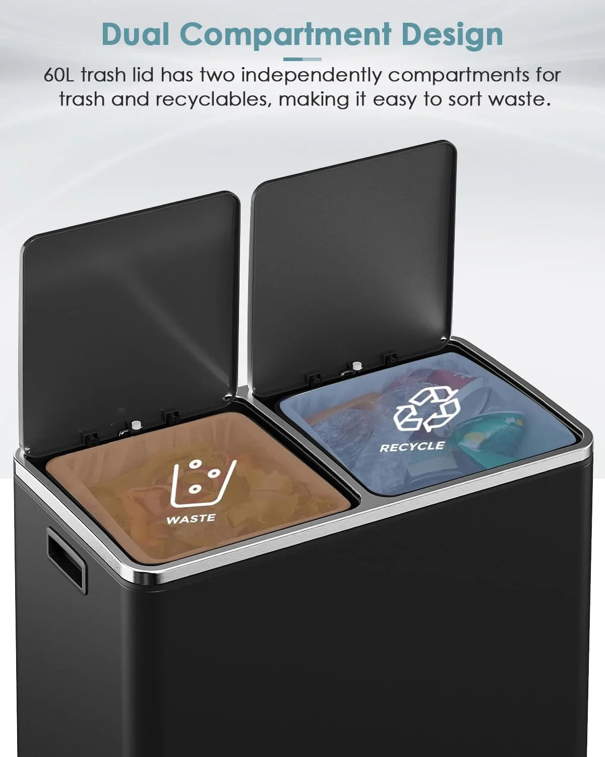 2026 New LAZY BUDDY Dual Garbage Can, Stainless Steel 16 Gallon Step Kitchen Trash Can with Soft-Close Lid, Double Compartment Garbage Recycling Bin - Image 14