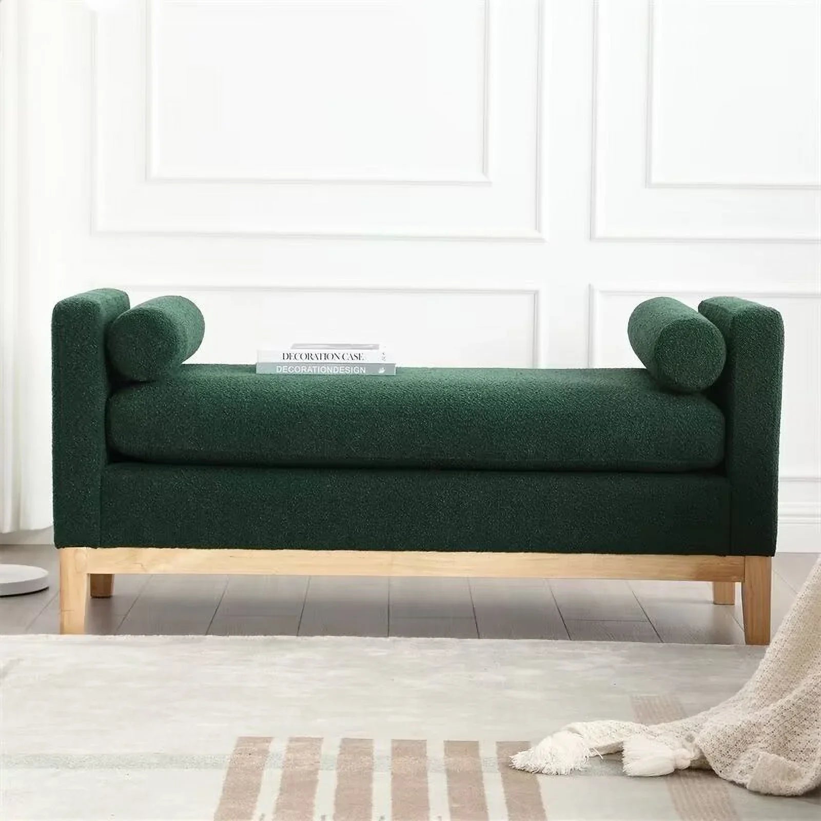 2026 New End of Bed Bench, 53.5" Boucle Fabric Upholstered Entryway Bench with Wood Legs & Bolster Pillows, Rolled Arm Cushioned Ottoman Foot Rest Long Stool Window Extra Seating for Bedroom, Ivory - Image 24