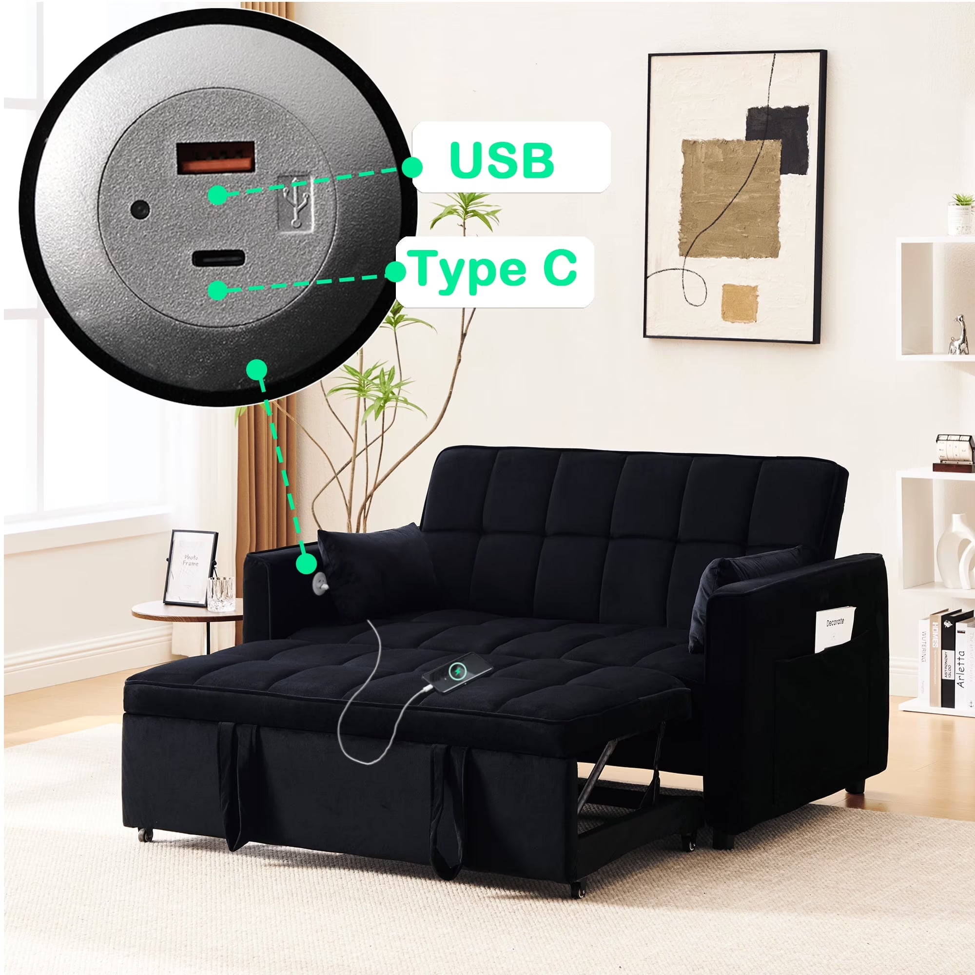 2026 New BINBANK Black Velvet 3-in-1 Convertible Sleeper Sofa Bed with USB Charging and Adjustable Backrest