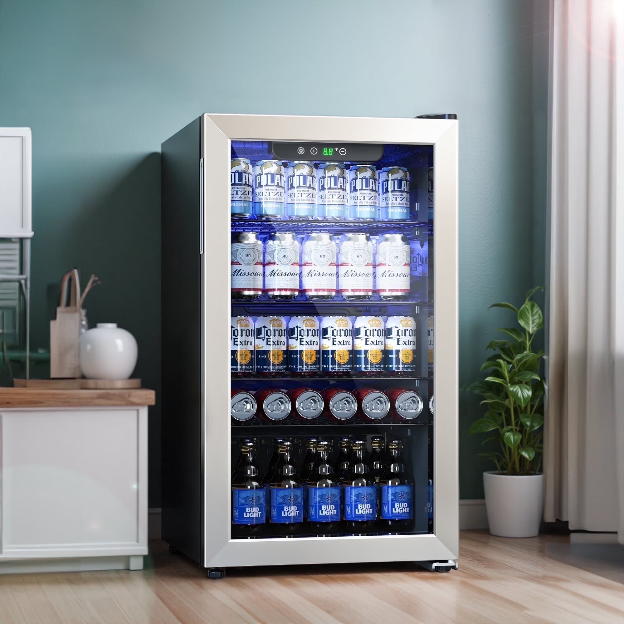 2026 New Qunler 130 Can Beverage Cooler Refrigerator with Glass Door for Beer Soda Water, Drink Fridge for Home Bar, Silver
