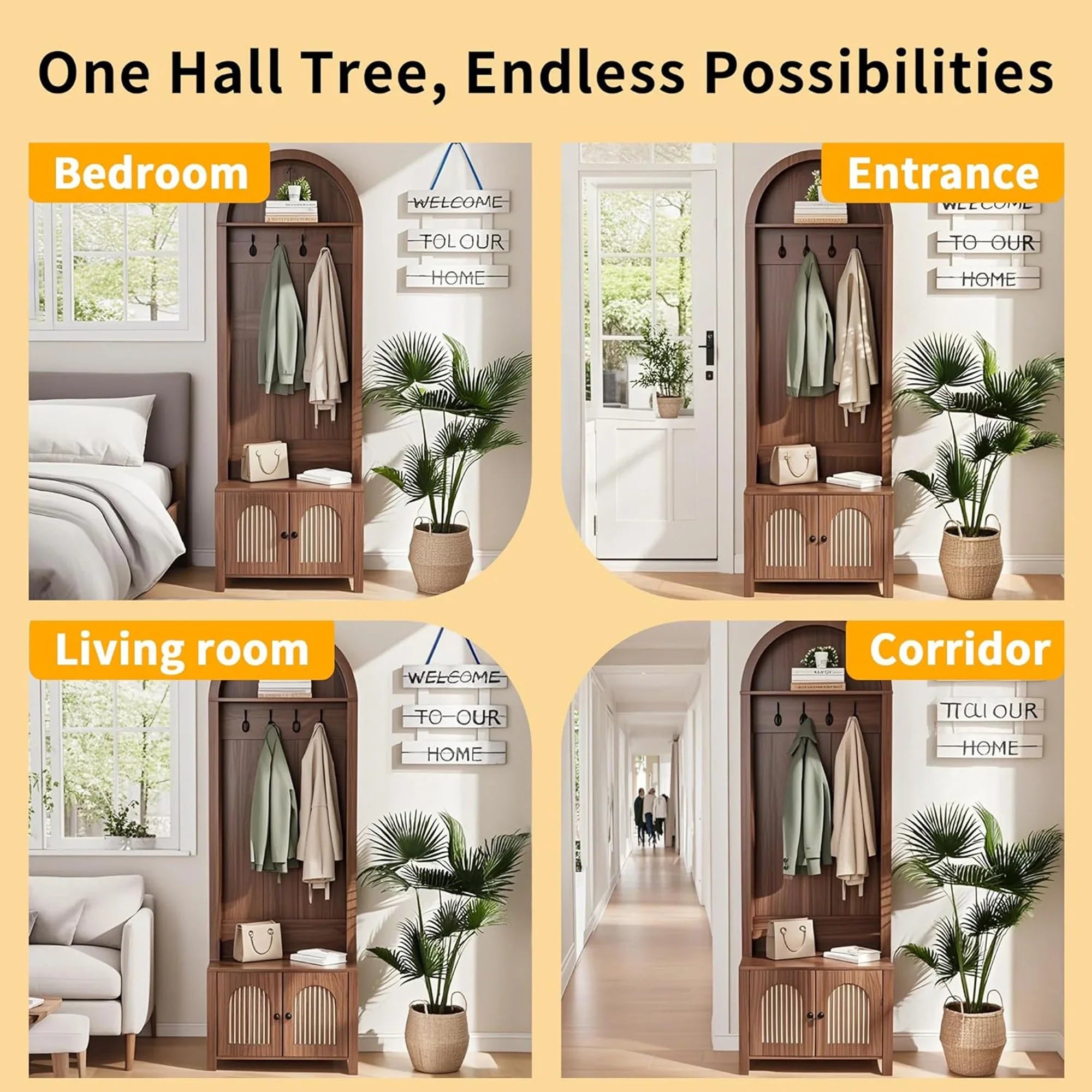 2026 New LUCKYELF Hall Tree with Shoe Storage, Entryway Bench with 4 Hooks and 2 Doors, Arch Coat Rack Cabinet for Hallway - Image 5