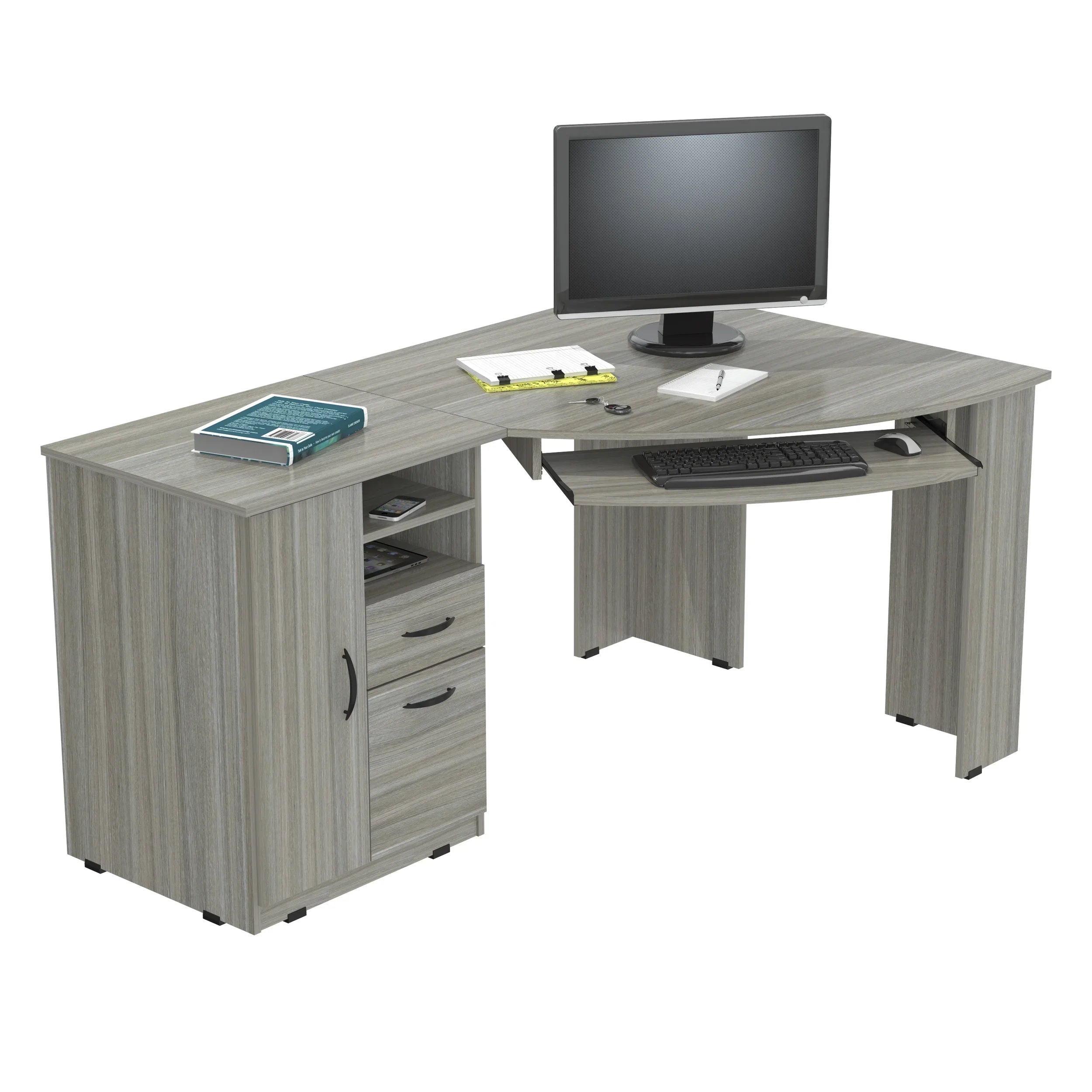 2026 New Inval Modern Corner Desk with 2 Drawers and Cabinet, Washed Oak - Image 10