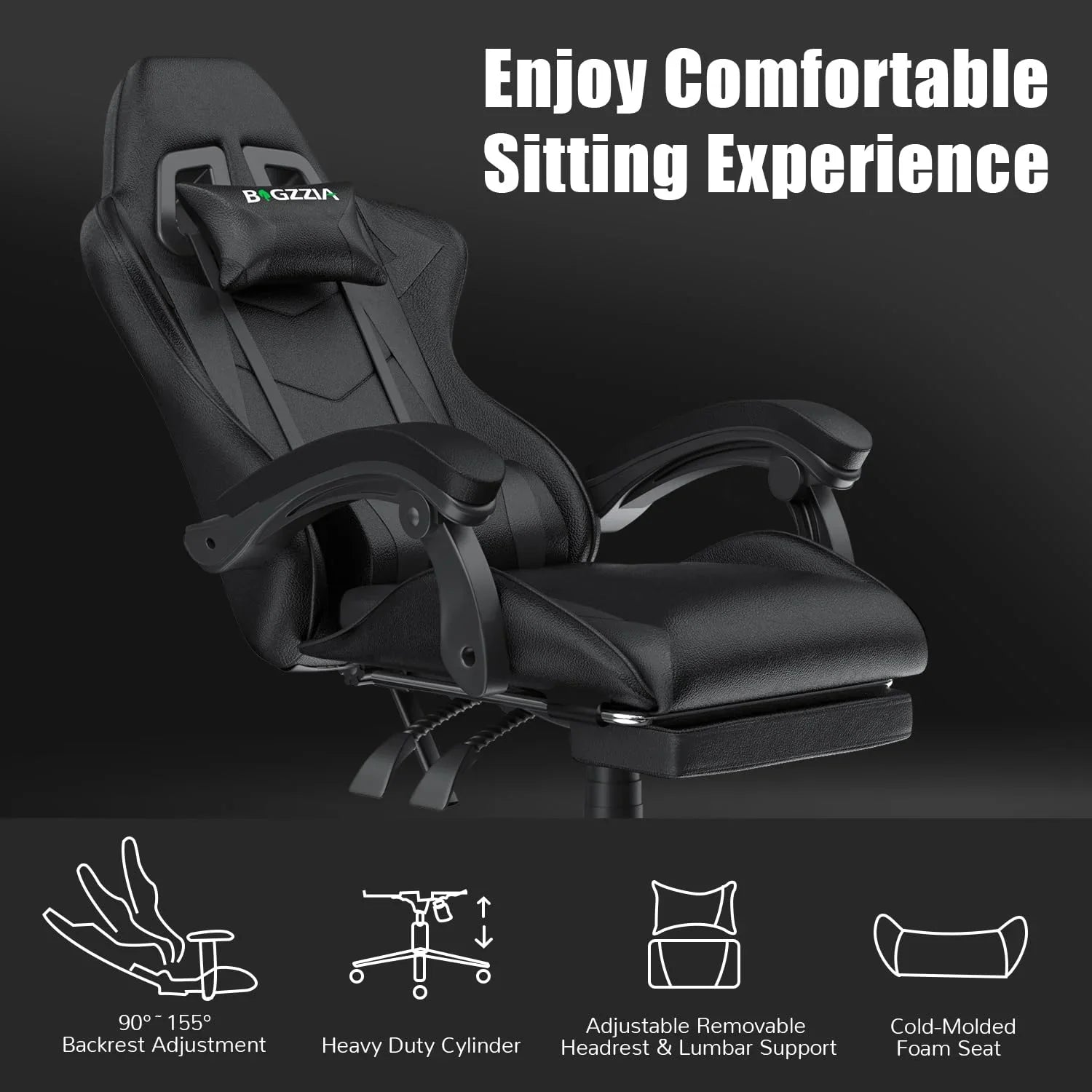 2026 New Bigzzia Gaming Chair Office Chair, Ergonomic Game Chair with Height Adjustable Headrest and Lumbar Support for Adults Teens, Black & White - Image 36