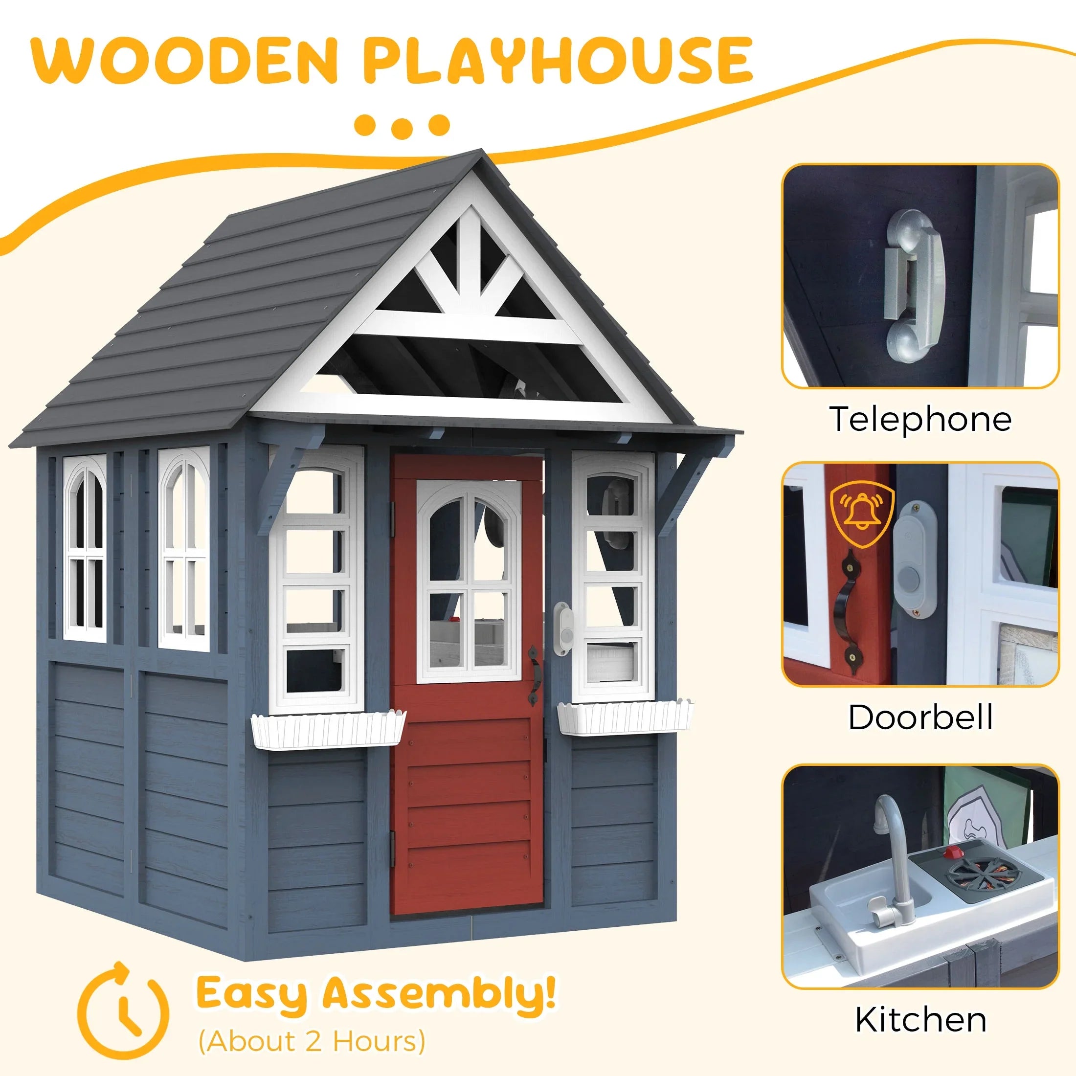 2026 New COCLUB Outdoor Playhouse for Kids Ages 4-8, Wooden Play House with Doorbell, Phone, Kitchen Toys, Outdoor Kids Play Equipment, Casa Para Niñas (45”L x 65”H), White & Black - Image 16