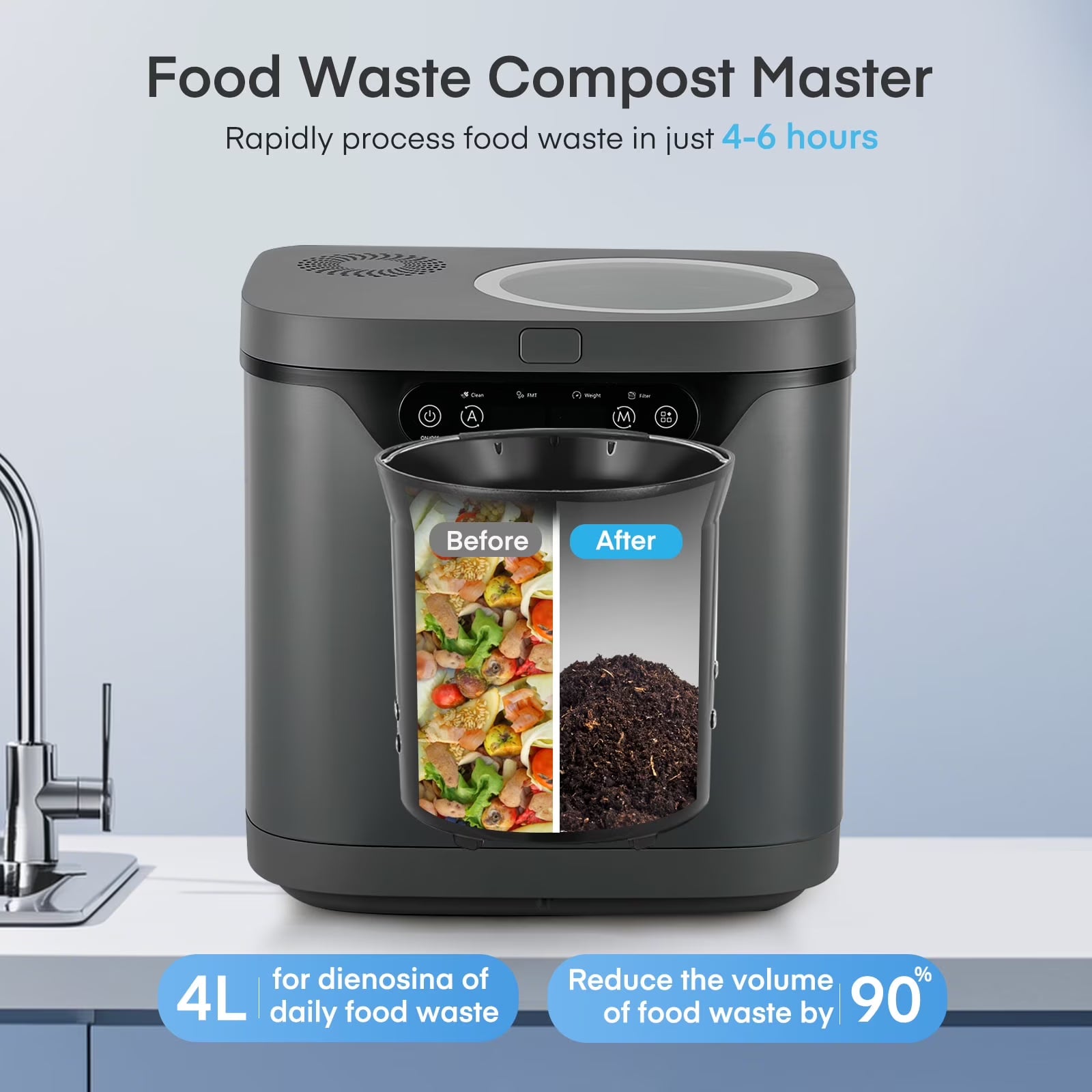 2026 New 4L Electric Composter for Kitchen, Countertop Compost Bin Indoor with Visible Window, LED Display
