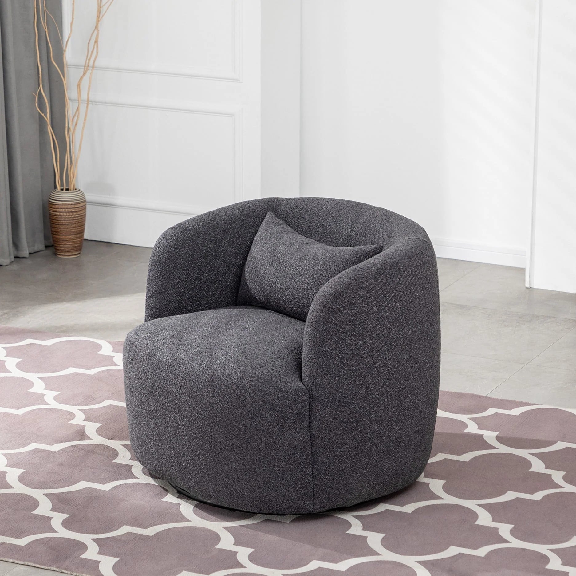2026 New 34" Wide Boucle Swivel Barrel Chair, No Assembly Round Upholstered Armchair Accent Chair Single Sofa Chair with Toss Pillow for Living Room and Bedroom, Taupe - Image 27