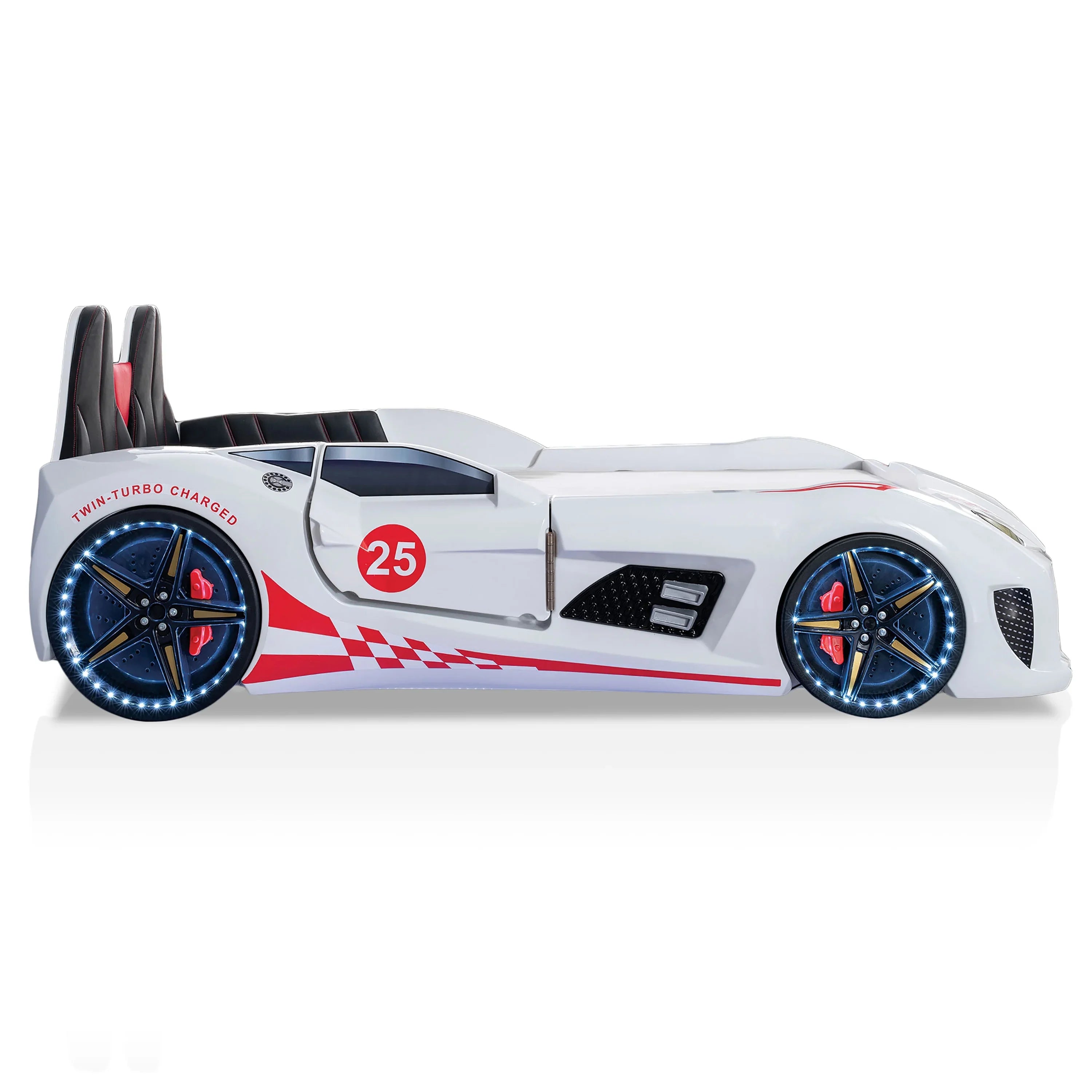 2026 New Furniture of America Dash Kids Plastic Twin Race Car Bed with LED and Sound, White - Image 8
