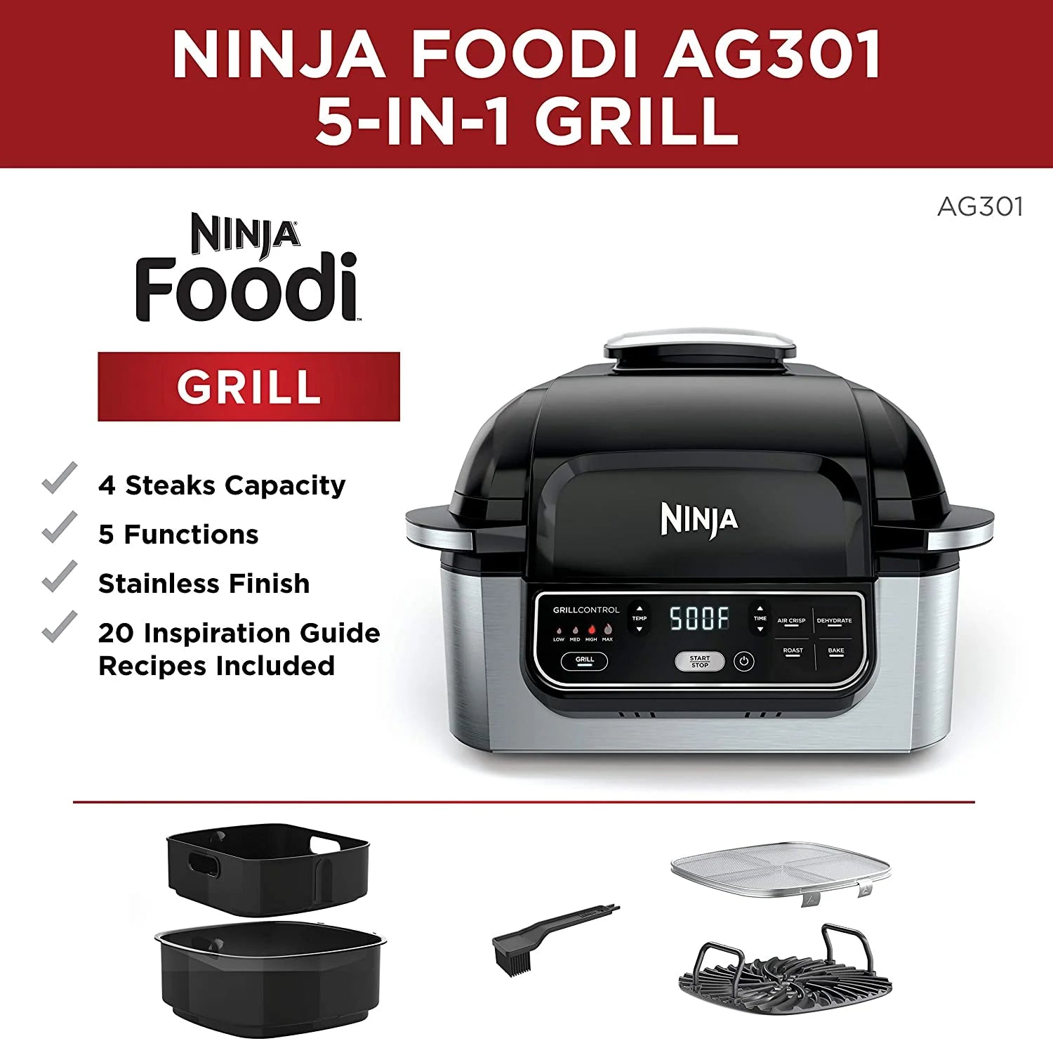 2026 New Ninja AG301 Foodi 5-in-1 Indoor Grill with 4-Quart Air Fryer - Image 2