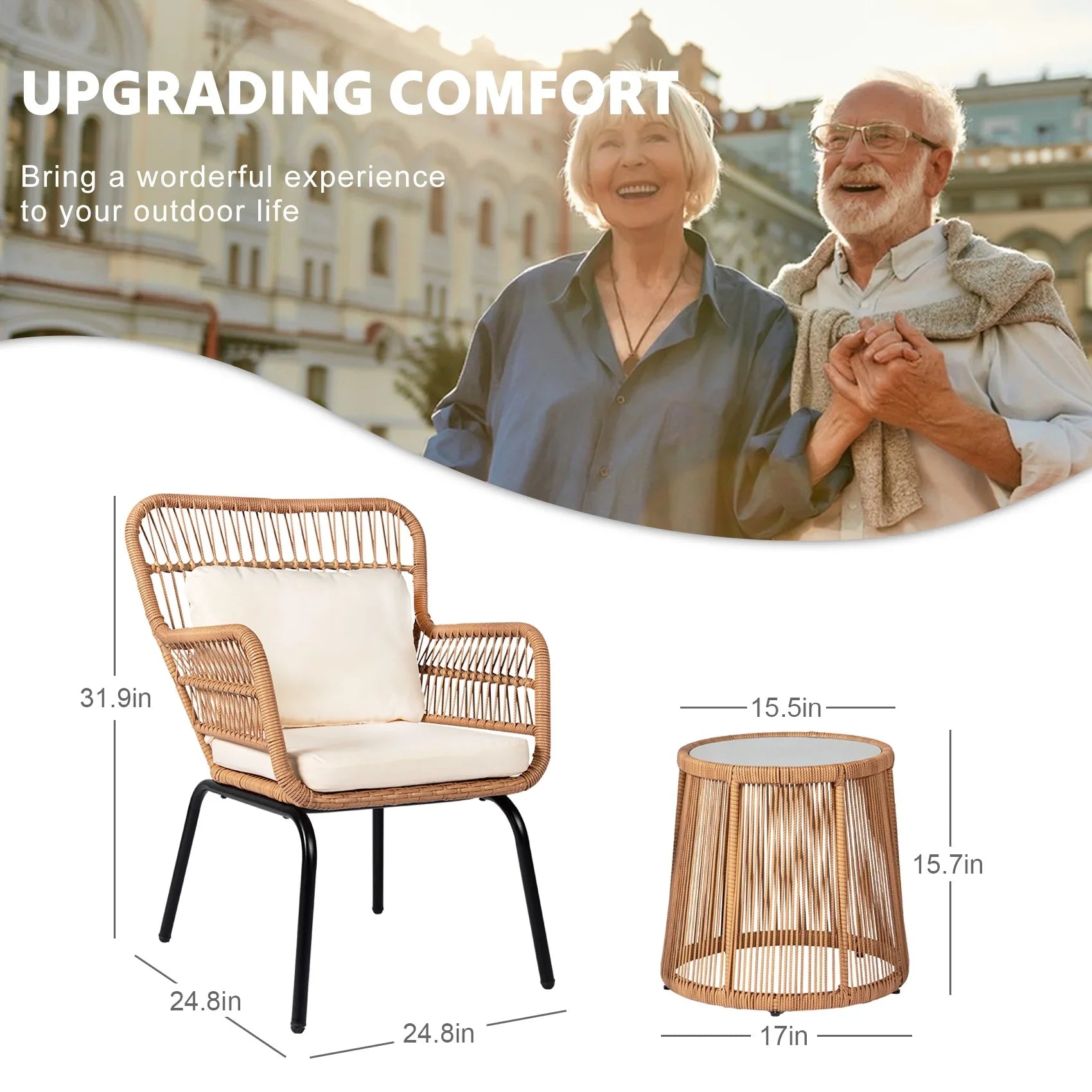 2026 New Tappio 3-Piece Patio Conversation Bistro Set Rattan Furniture, Outdoor Patio Set w/Glass Top Table & Cushions for Garden Balcony Backyard Poolside, Yellow/Beige - Image 9