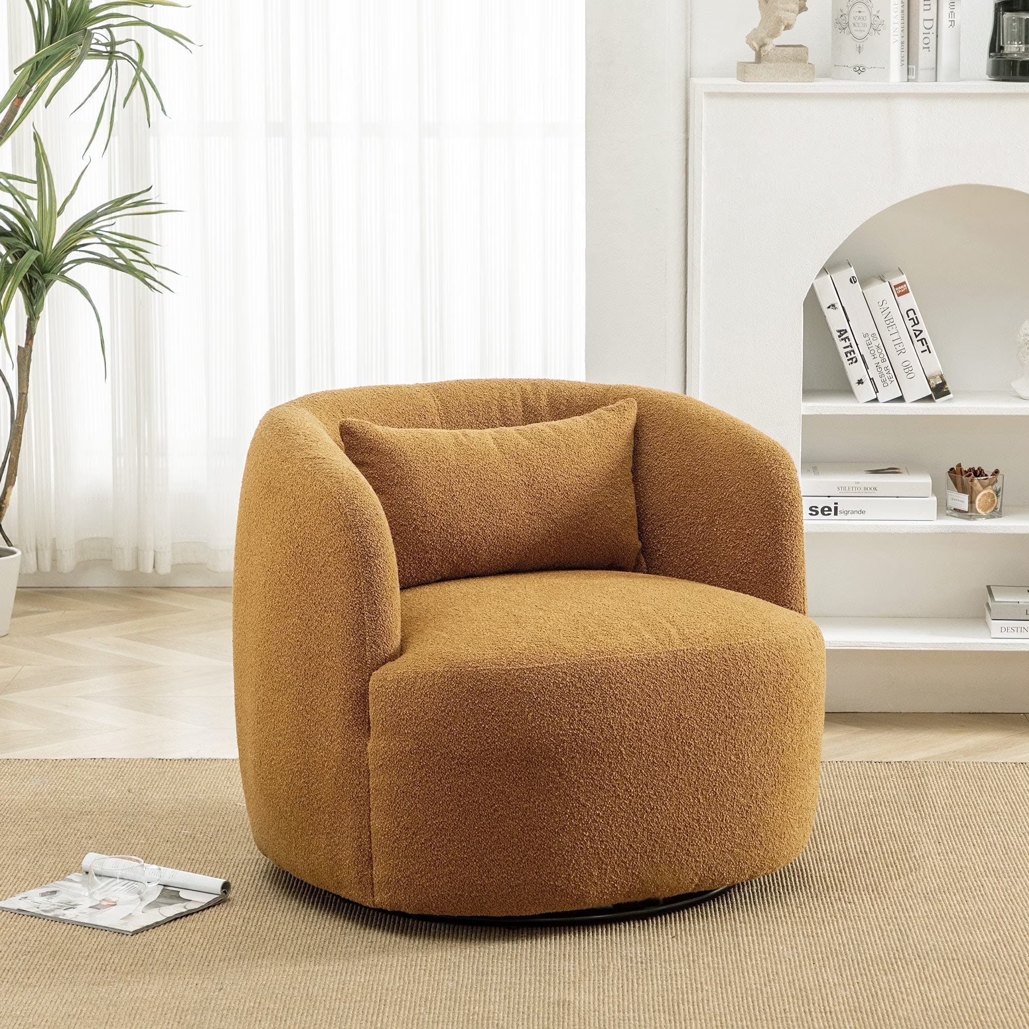 2026 New 34" Wide Boucle Swivel Barrel Chair, No Assembly Round Upholstered Armchair Accent Chair Single Sofa Chair with Toss Pillow for Living Room and Bedroom, Taupe - Image 5