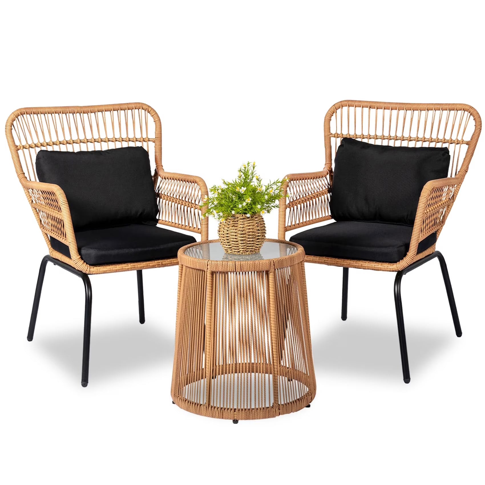 2026 New Tappio 3-Piece Patio Conversation Bistro Set Rattan Furniture, Outdoor Patio Set w/Glass Top Table & Cushions for Garden Balcony Backyard Poolside, Yellow/Beige - Image 4