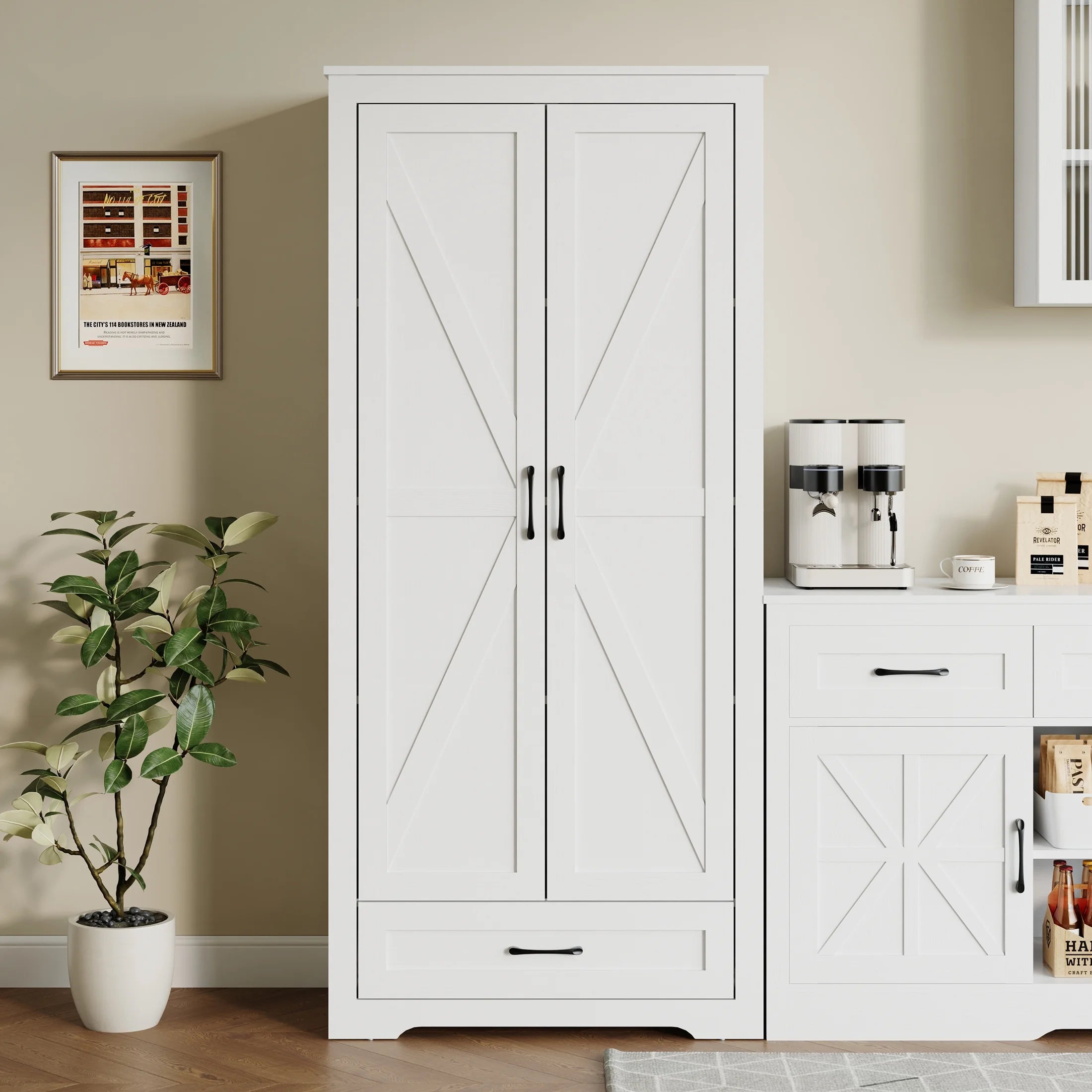 2026 New YouTrend 69" Tall Kitchen Pantry,Farmhouse Storage Cabinet with 2 Barn Doors 4 Adjustable Shelves and Large Drawer for Dining Room,Living Room,Bathroom,White - Image 8