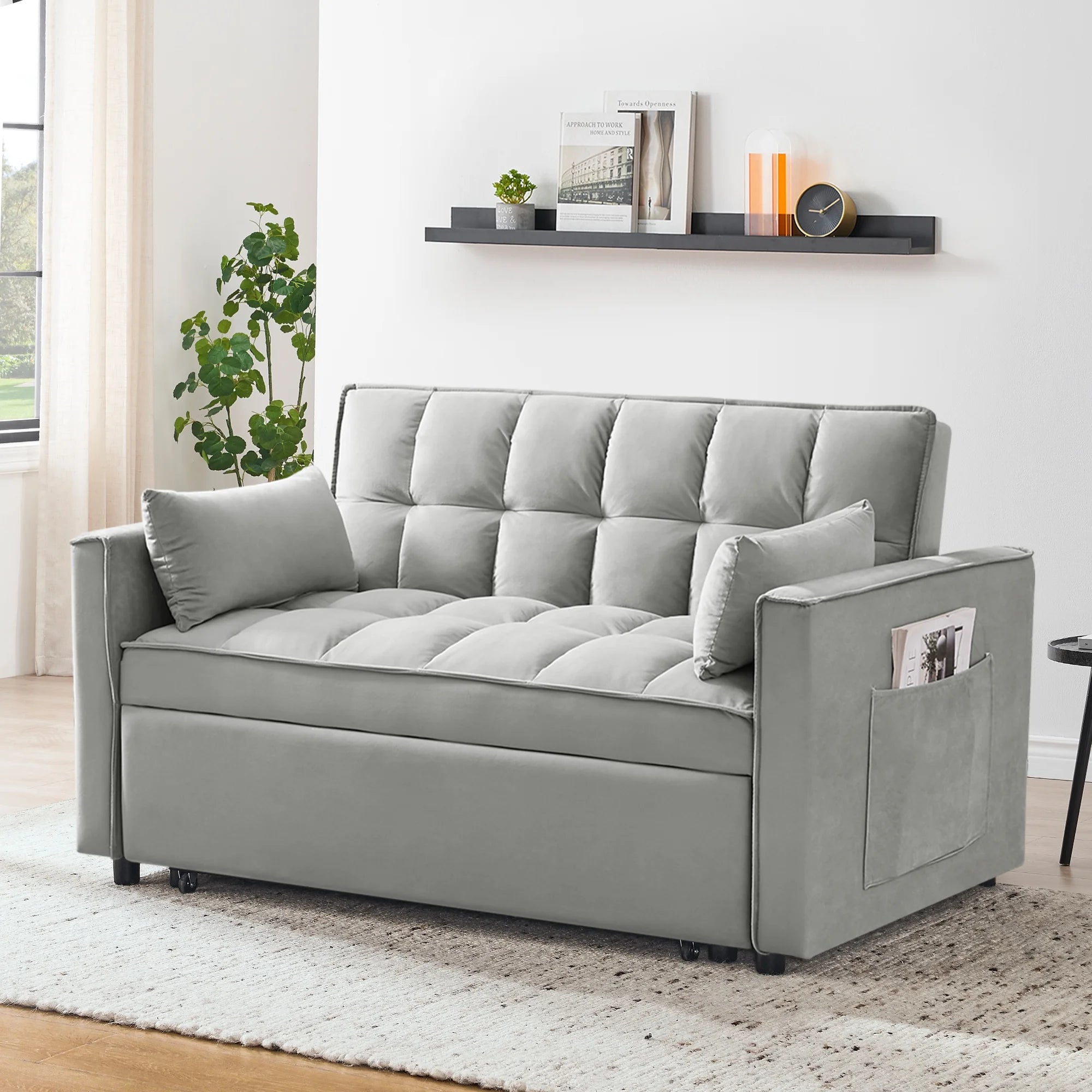 2026 New Convertible Sofa Bed,3-in-1 Sleeper Sofa with Pull Out Bed,Velvet Highly Elastic Sponge Futon Couch Loveseat with Adjustable Backrest and 2 Pillows for Living Room,Gray - Image 11