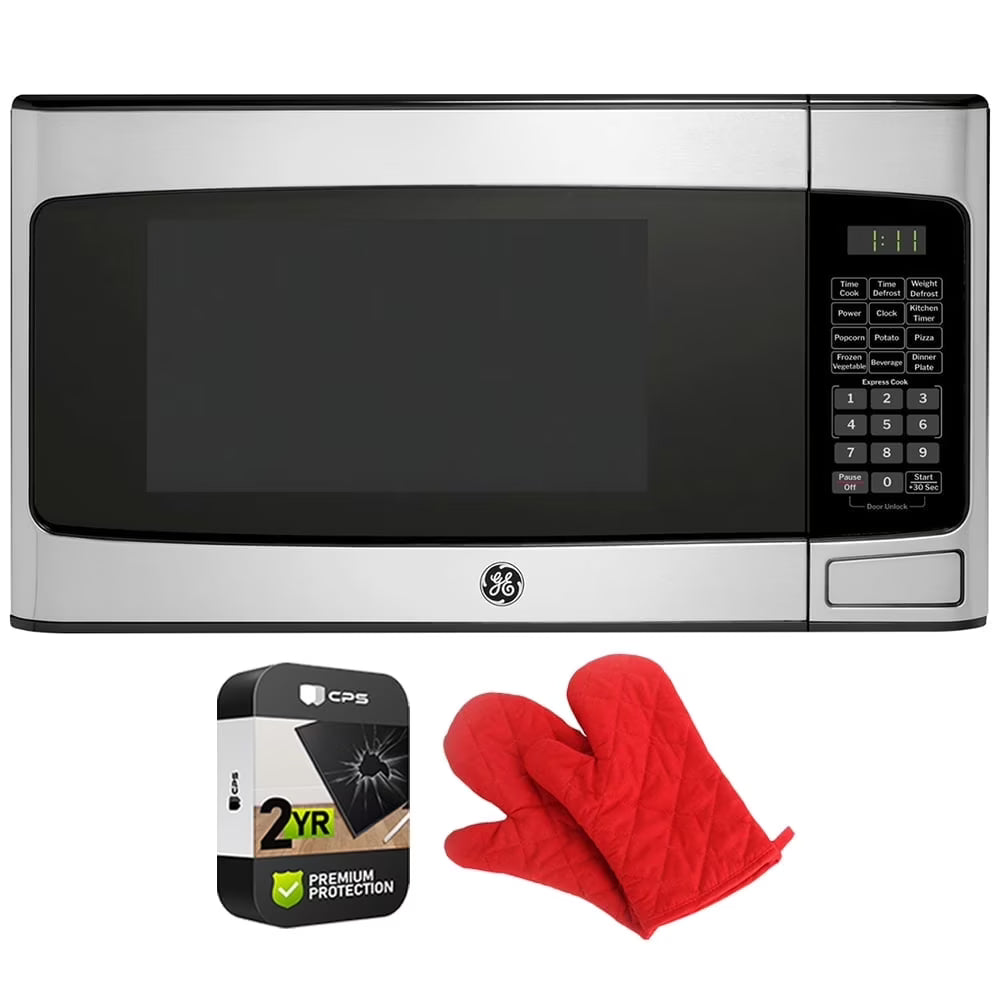 2026 New GE GCST11N1WSS 1.1 cu. ft. Countertop Microwave Oven 950 Watts Stainless Steel Bundle with 2 YR CPS Enhanced Protection Pack and Deco Chef Pair of Red Heat Resistant Oven Mitt