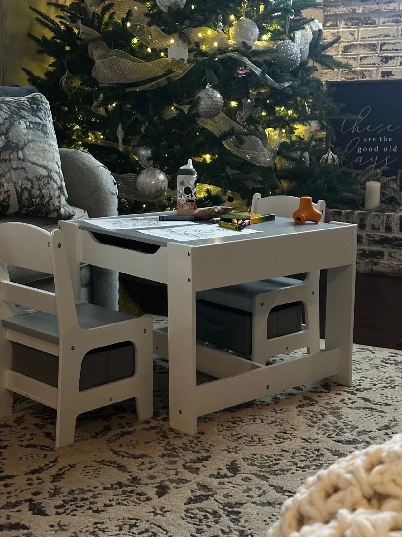 2026 New LINLUX Kids Table and 2 Chairs Set, Children Activity Table Chairs with Chalkboard/Whiteboard, Grey - Image 3