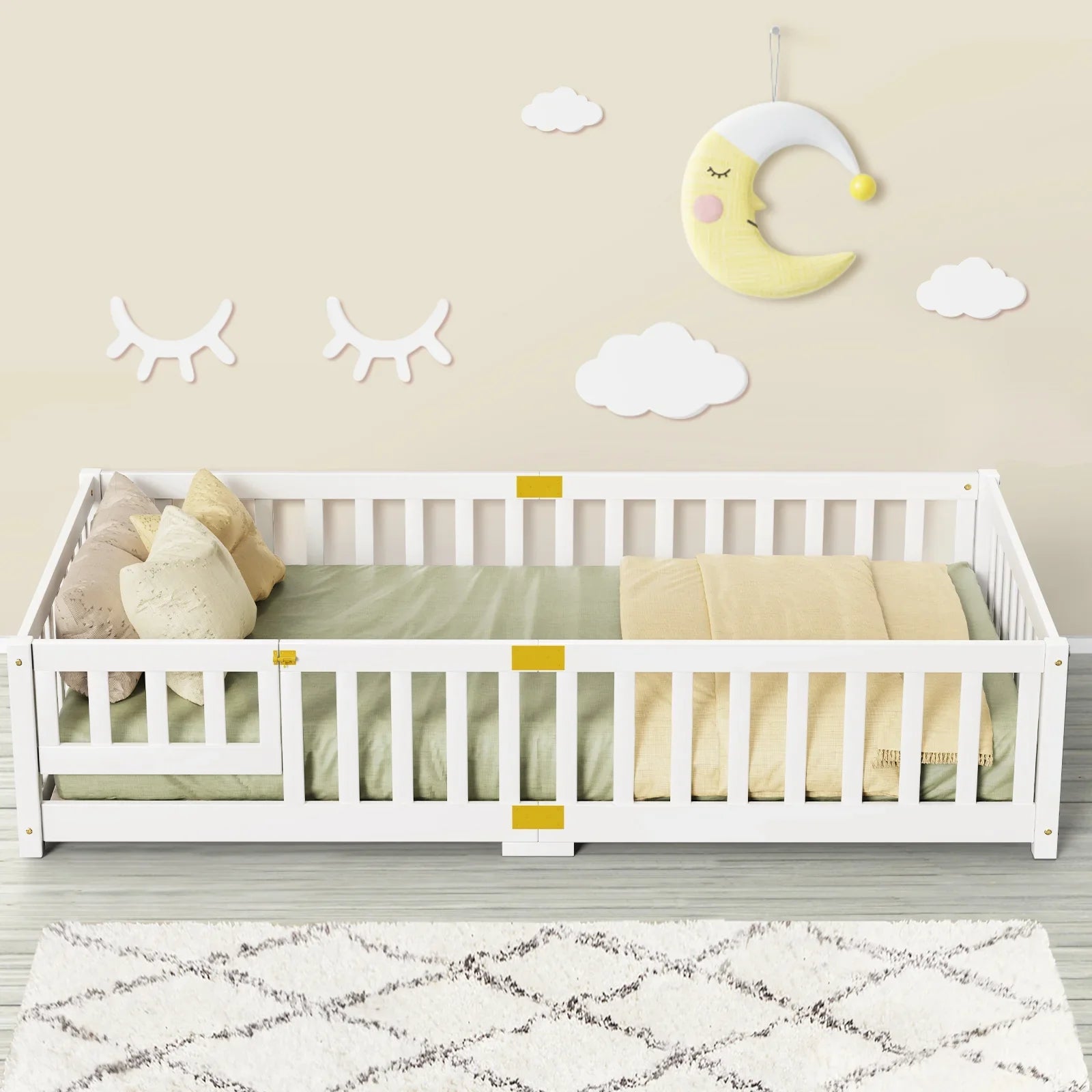 2026 New Slsy Twin Size Toddler Floor Bed, Solid Wood Montessori Bed Frame with Fence & Door Montessori Floor Bed Crib with Safety Guardrails for Girls and Boys - Image 7
