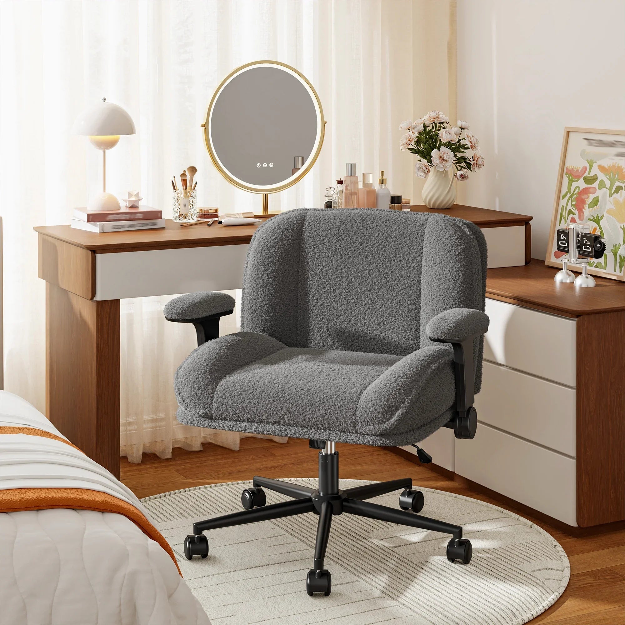 2026 New Romorgniz Criss Cross Chair with Adjustable Arms & Lumbar Support Office Chair with Reclining Back, Thick Cushion & Wheels for Office, Gaming, Reading, Vanity, Off-White - Image 12