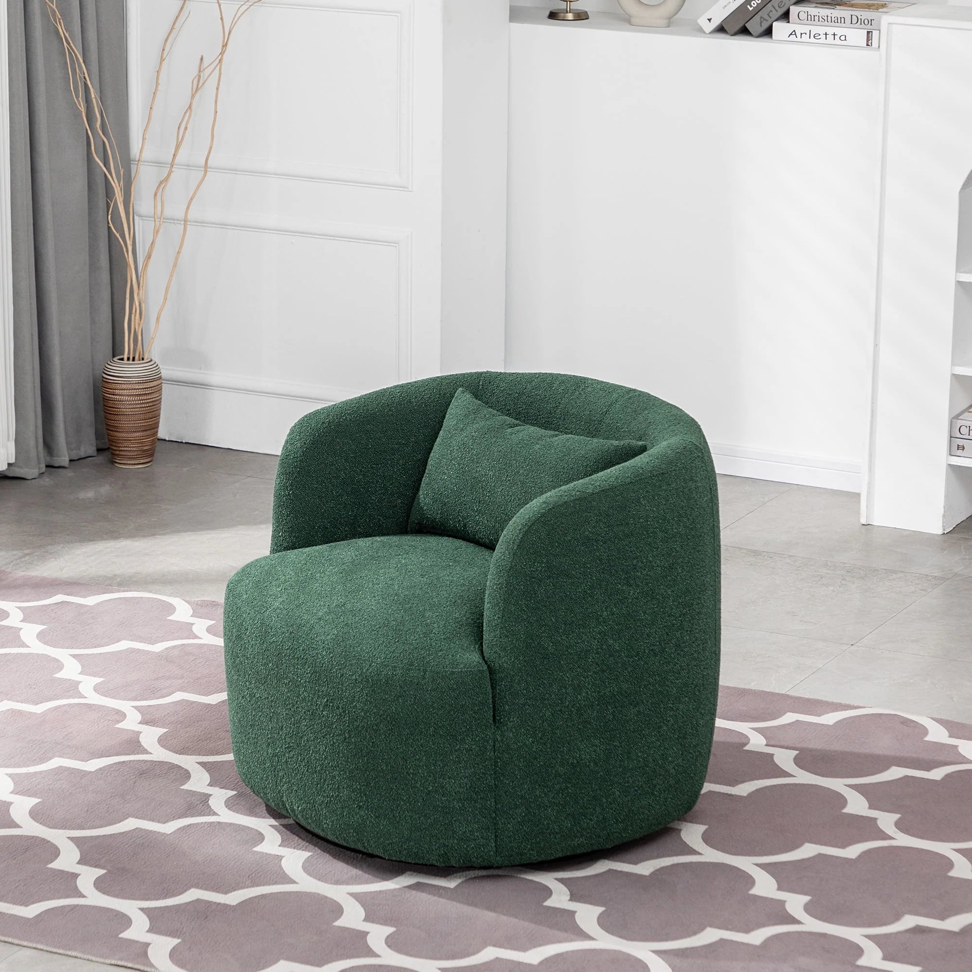 2026 New 34" Wide Boucle Swivel Barrel Chair, No Assembly Round Upholstered Armchair Accent Chair Single Sofa Chair with Toss Pillow for Living Room and Bedroom, Taupe - Image 36