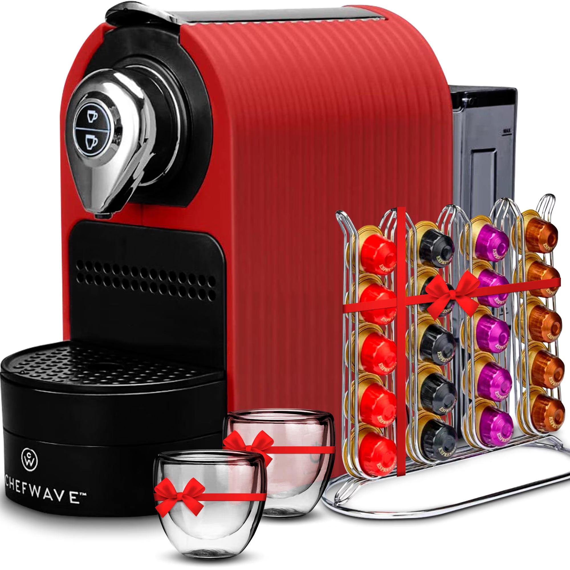 2026 New ChefWave Espresso Machine for use with Nespresso Capsules (Red), Holder and Cups