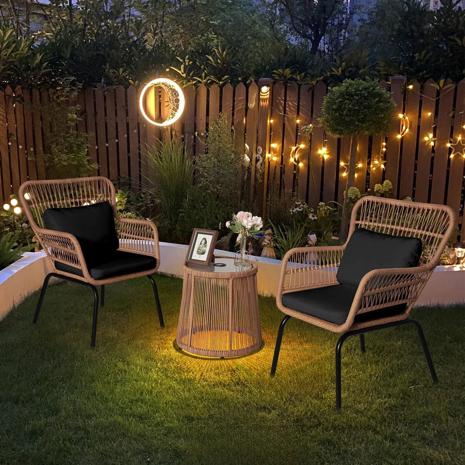 2026 New Tappio 3-Piece Patio Conversation Bistro Set Rattan Furniture, Outdoor Patio Set w/Glass Top Table & Cushions for Garden Balcony Backyard Poolside, Yellow/Beige - Image 35