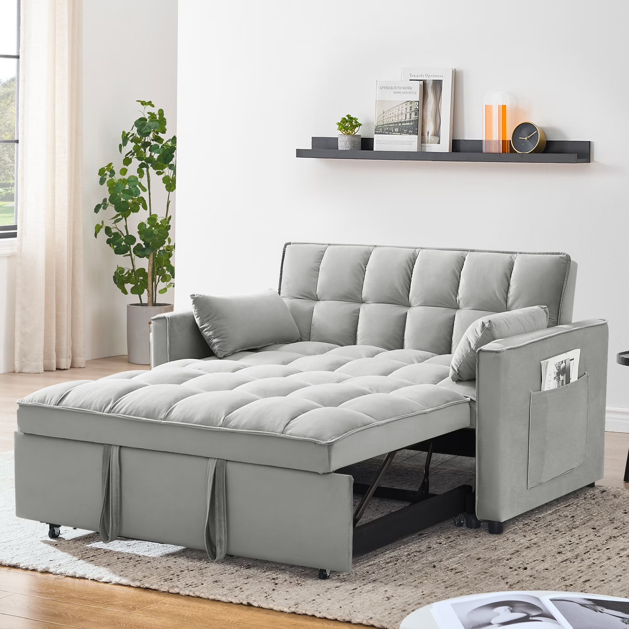 2026 New Convertible Sofa Bed,3-in-1 Sleeper Sofa with Pull Out Bed,Velvet Highly Elastic Sponge Futon Couch Loveseat with Adjustable Backrest and 2 Pillows for Living Room,Gray - Image 3