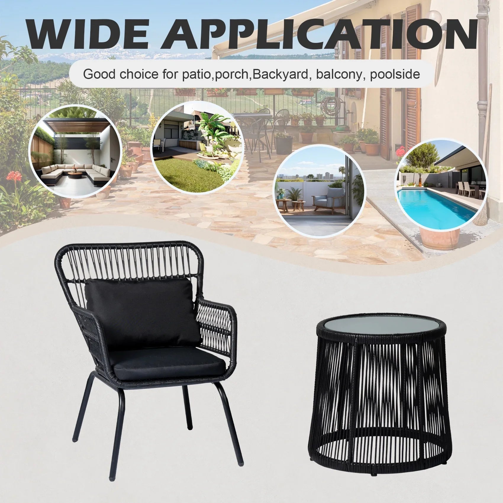 2026 New Tappio 3-Piece Patio Conversation Bistro Set Rattan Furniture, Outdoor Patio Set w/Glass Top Table & Cushions for Garden Balcony Backyard Poolside, Yellow/Beige - Image 19