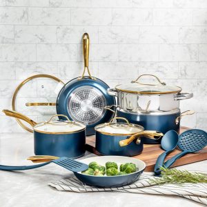 2026 New Gotham Steel 15 Pc Ceramic Cookware Set Nonstick, Ceramic Pots and Pans Set Non Stick with Steamer & Cooking Utensils, Non Toxic, Premium Stay Cool Handles, Oven & Dishwasher Safe, Blue