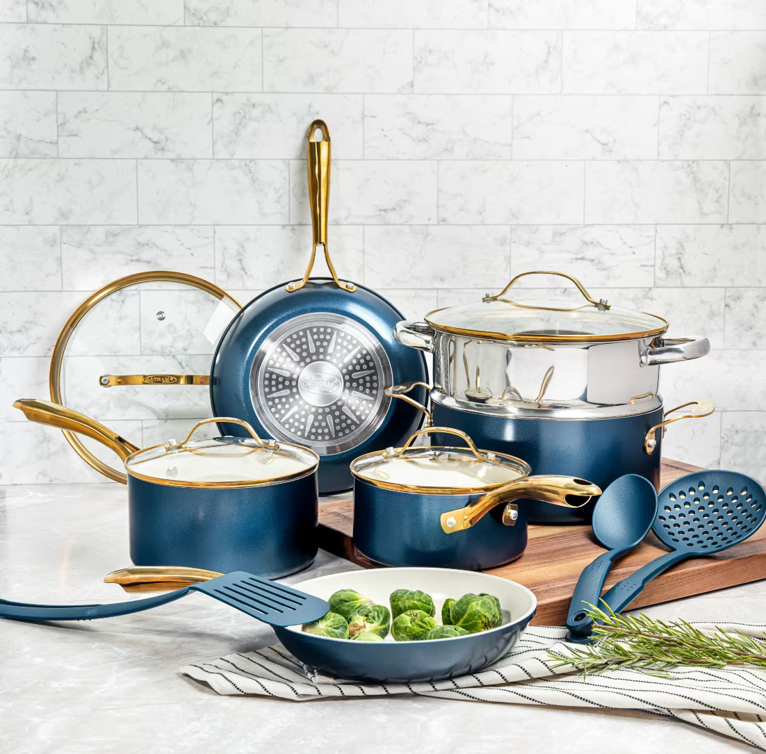 2026 New Gotham Steel 15 Pc Ceramic Cookware Set Nonstick, Ceramic Pots and Pans Set Non Stick with Steamer & Cooking Utensils, Non Toxic, Premium Stay Cool Handles, Oven & Dishwasher Safe, Blue