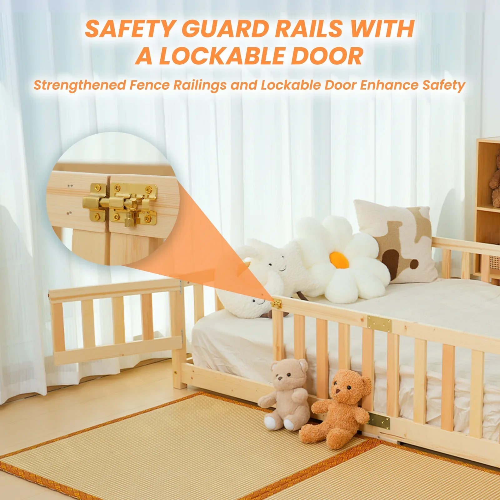 2026 New Slsy Twin Size Toddler Floor Bed, Solid Wood Montessori Bed Frame with Fence & Door Montessori Floor Bed Crib with Safety Guardrails for Girls and Boys - Image 24