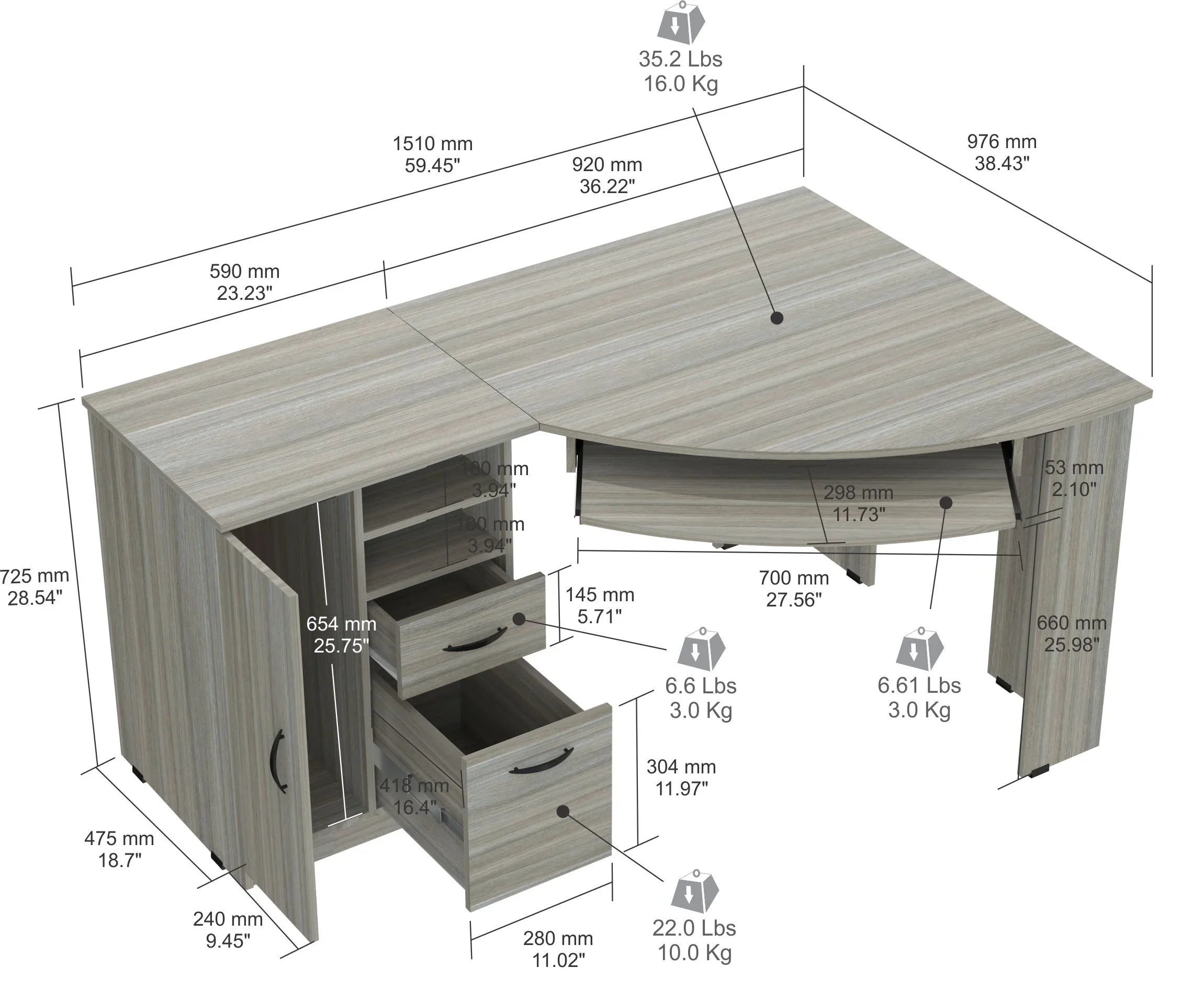 2026 New Inval Modern Corner Desk with 2 Drawers and Cabinet, Washed Oak - Image 15