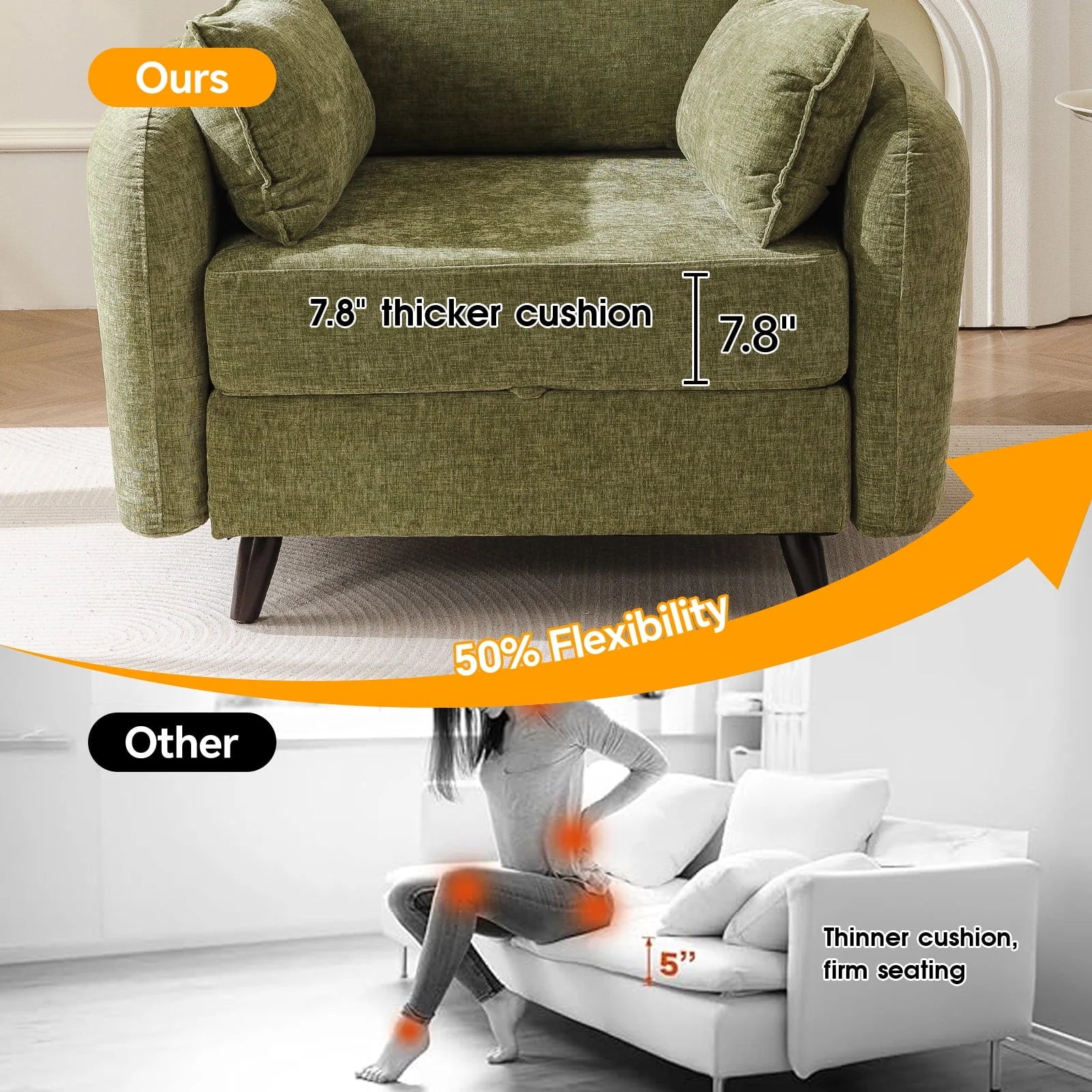 2026 New Rexulqo Oversized Accent Chair with All Seats Storage,Comfy Living Room Chairs with 2 Throw Pillow,Upholstered Mid-Century Armchair,24.5'' Deep Seat,Reading Chair For Bedroom,Office,Chenille,Green - Image 11