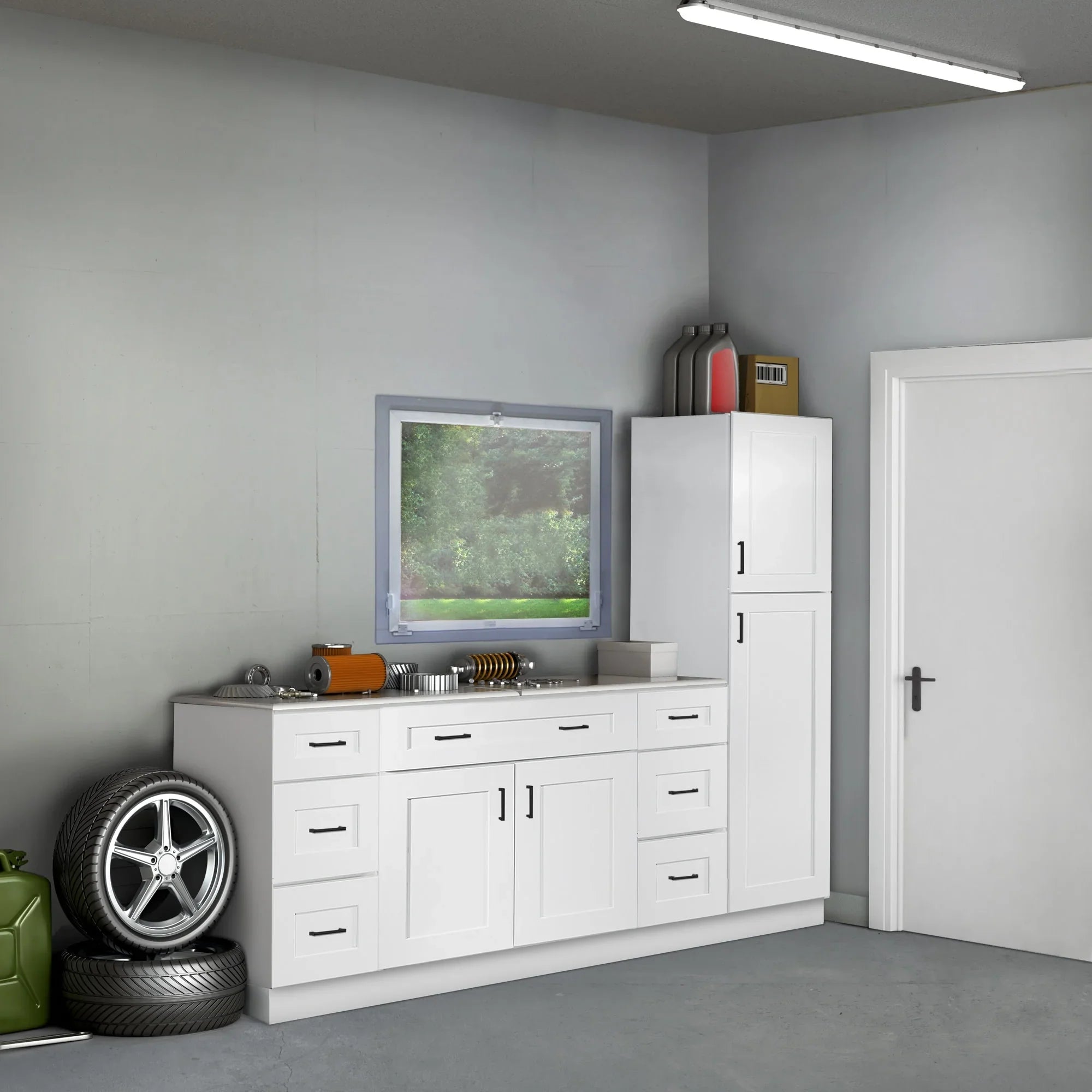 2026 New Design House Brookings Ready to Assemble Wood Shaker 2-Door and 2-Drawer Kitchen Base Cabinet (48 x 34.5 x 24), Sherwin Williams White