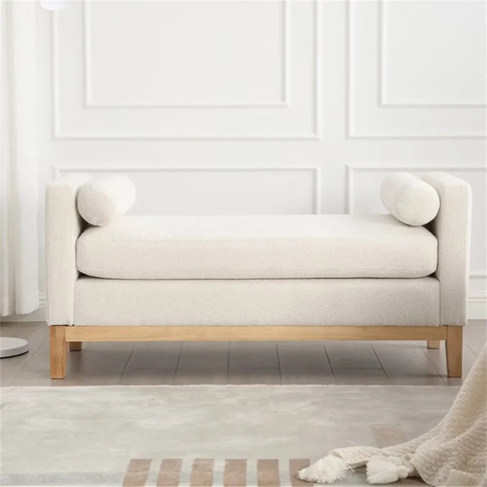 2026 New End of Bed Bench, 53.5" Boucle Fabric Upholstered Entryway Bench with Wood Legs & Bolster Pillows, Rolled Arm Cushioned Ottoman Foot Rest Long Stool Window Extra Seating for Bedroom, Ivory - Image 7