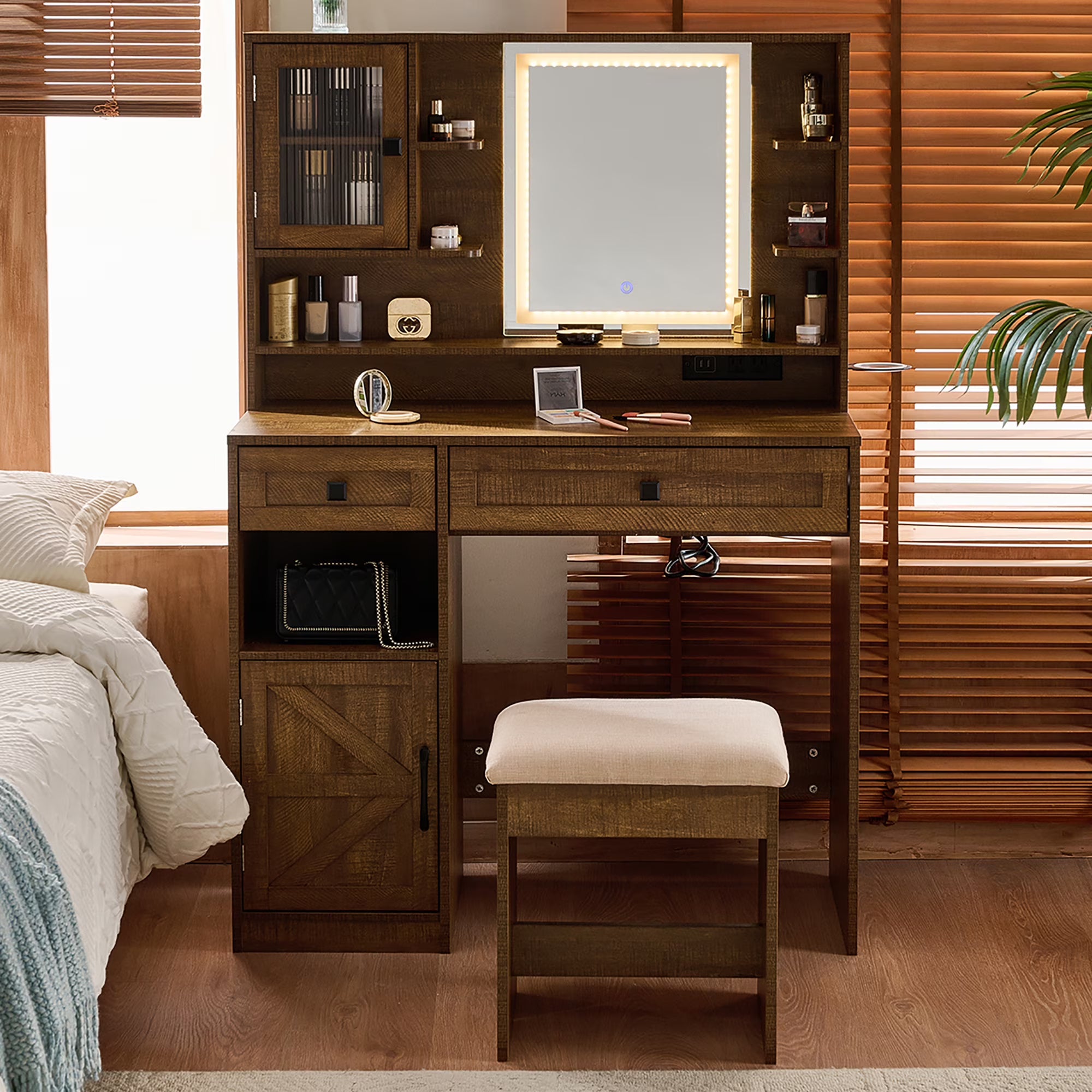 2026 New Farmhouse Makeup Vanity Desk with Mirror and Lights,Dressing Table Set with Charging Station and Stool,Drawers,Shelves and Side Cabinet,White