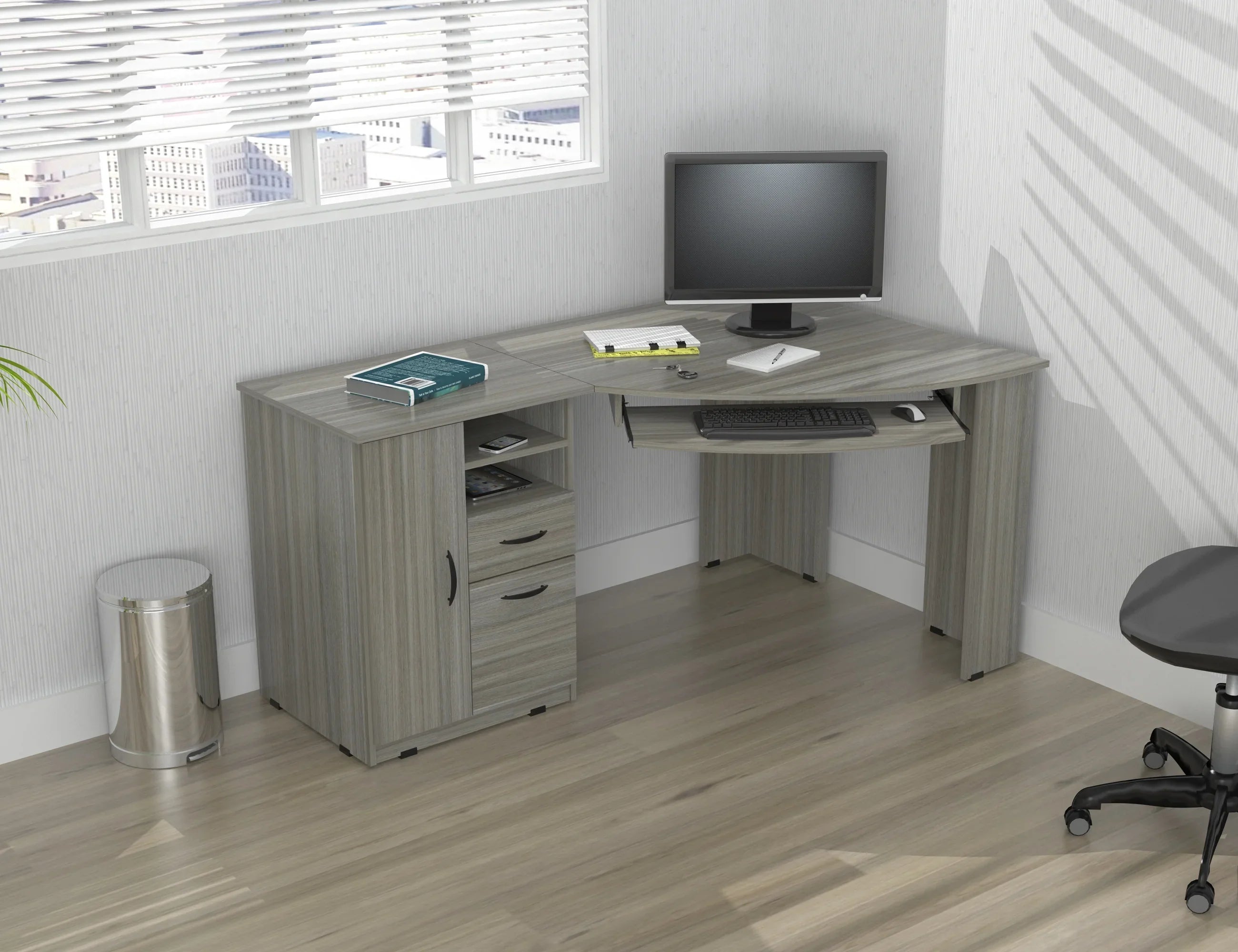 2026 New Inval Modern Corner Desk with 2 Drawers and Cabinet, Washed Oak - Image 9