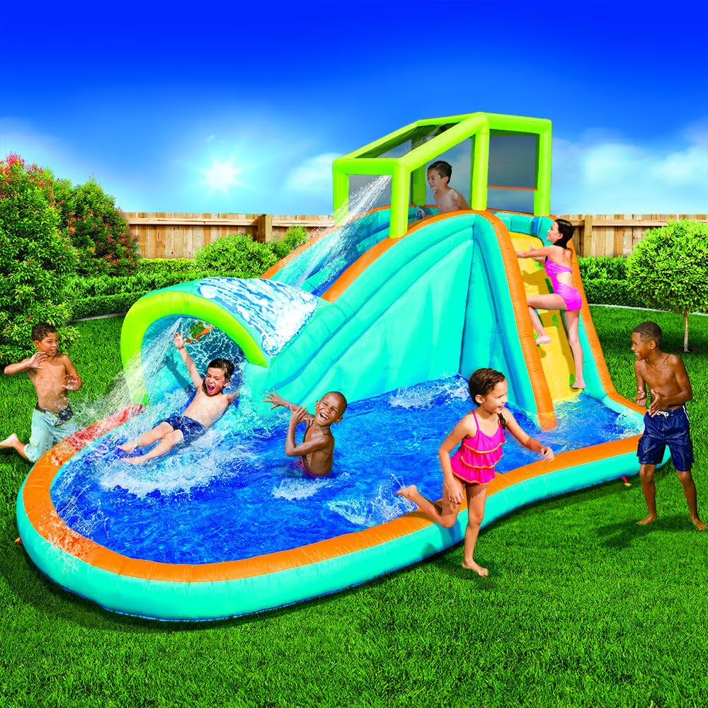 2026 New Banzai Inflatable Water Slide - Huge Kids Pool (14 Feet Long by 8 Feet High) with Built in Sprinkler Wave and Water Wall- Heavy Duty Summer Outdoor Fun