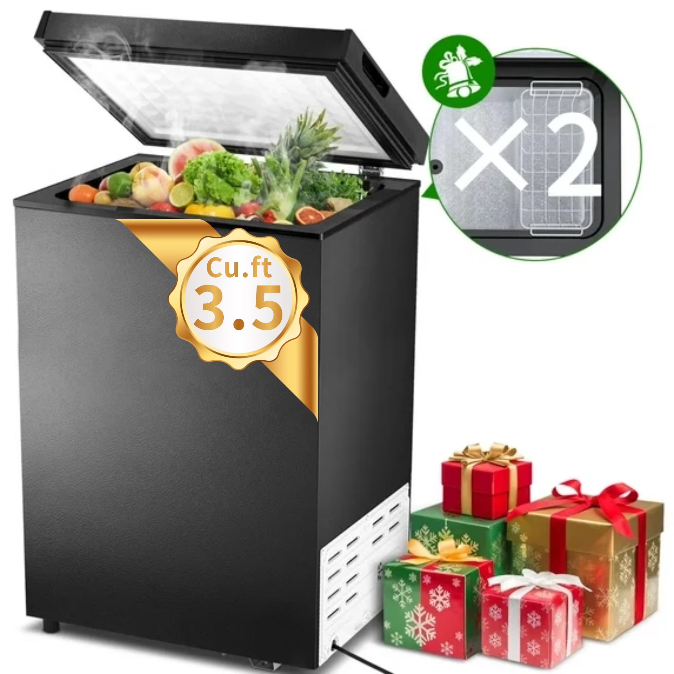 2026 New LHRIVER Mini Freezer Chest 3.5 cu ft, Deep Freezer & Side Handle, Compact Freezer with 7 Gear Adjustable Temperature, Removable Storage Basket, Black