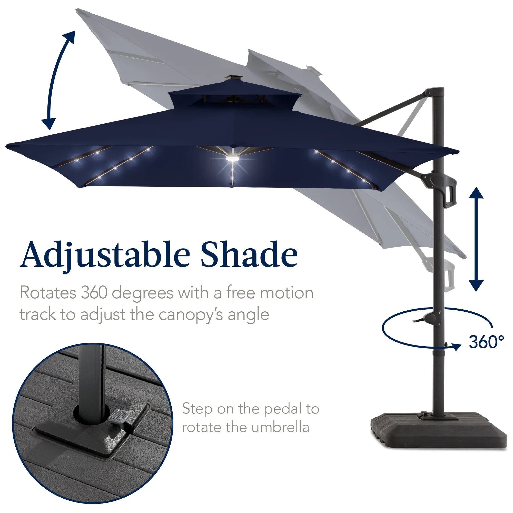 2026 New Best Choice Products 12x12ft 2-Tier Square Outdoor Solar LED Cantilever Umbrella w/ 360-Rotating Base Navy Blue - Image 5