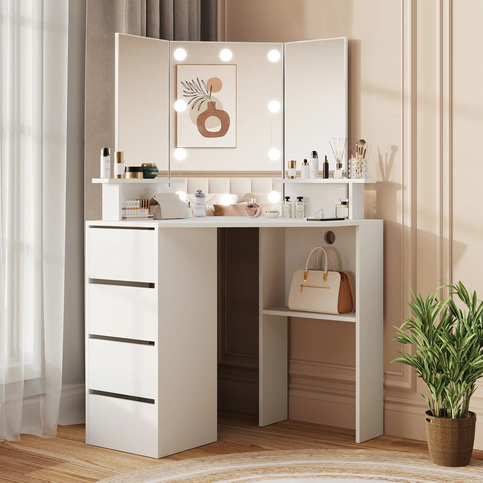 2026 New Veanerwood White Corner Vanity Desk with Mirror and Light,Makeup Table with 4 Drawers and Charging Station for Bedroom - Image 7