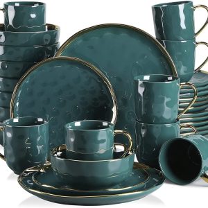 2026 New LOVECASA Dinnerware Sets, Stoneware Dinner Set for 8, 32-Piece Round Dark Green and Gold, Series Sweet