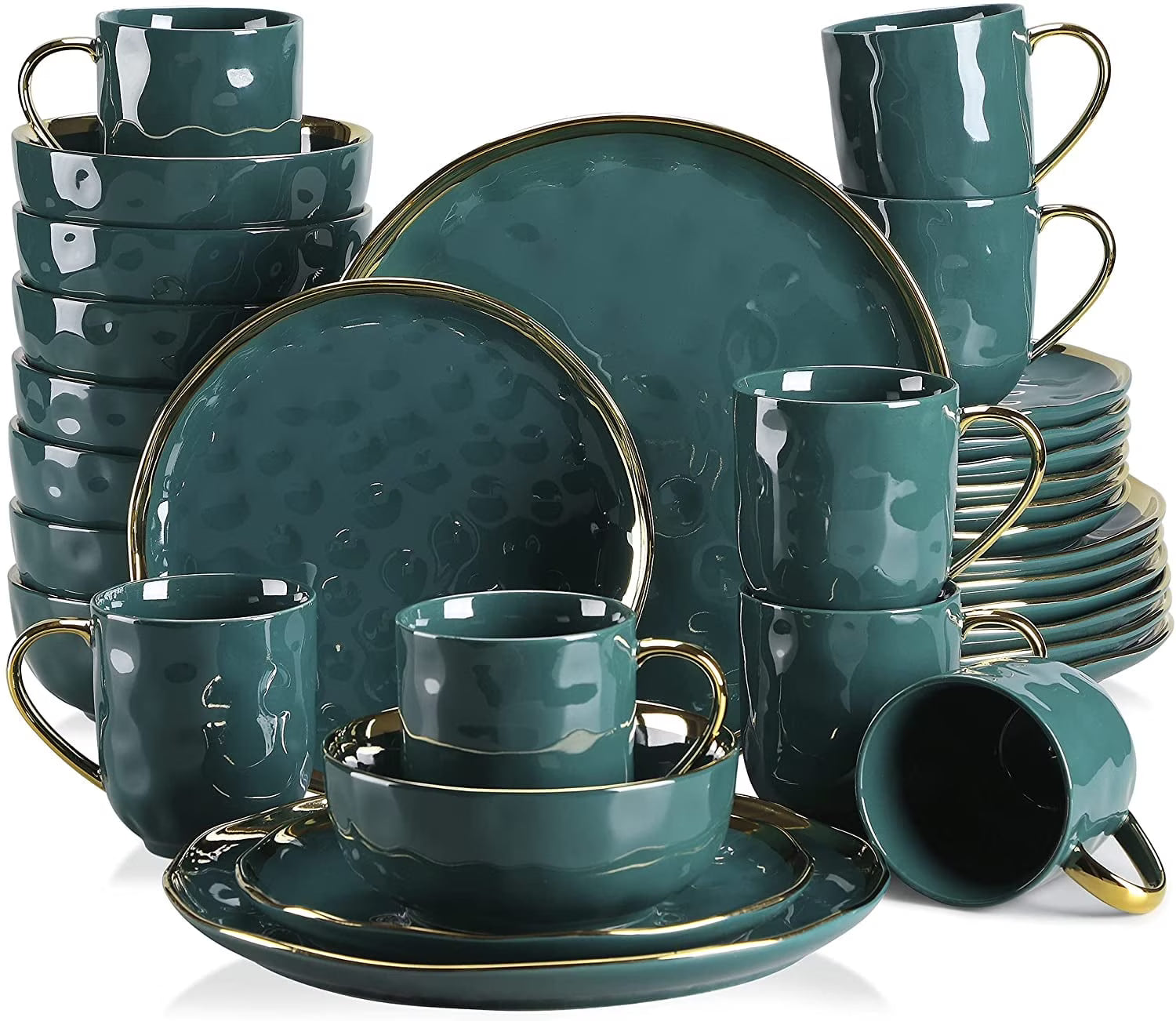 2026 New LOVECASA Dinnerware Sets, Stoneware Dinner Set for 8, 32-Piece Round Dark Green and Gold, Series Sweet