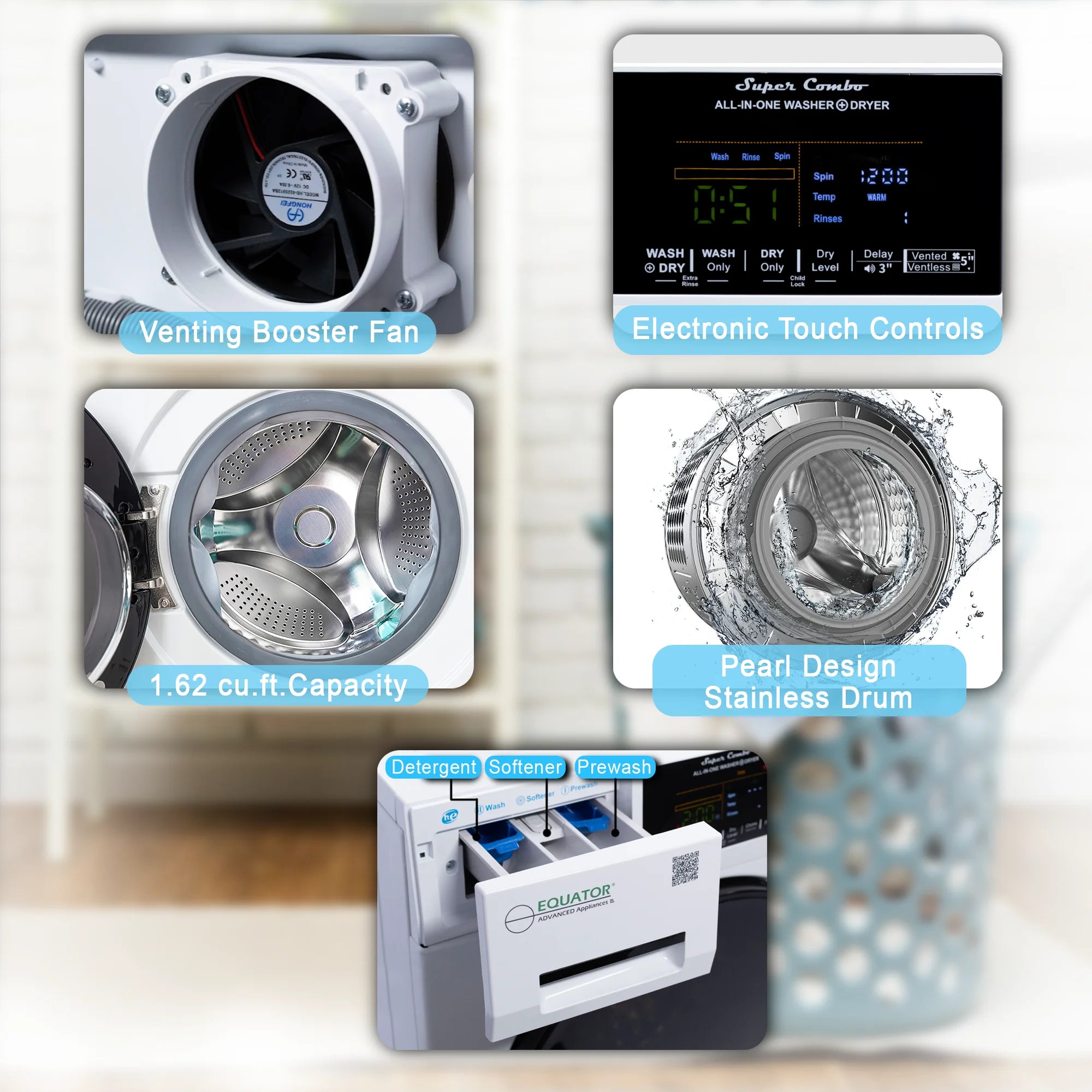 2026 New Equator Combination Washer Dryer Ventless/Vented Pet cycle 1.62cf/15lbs 110V with Adjustable legs - Image 19