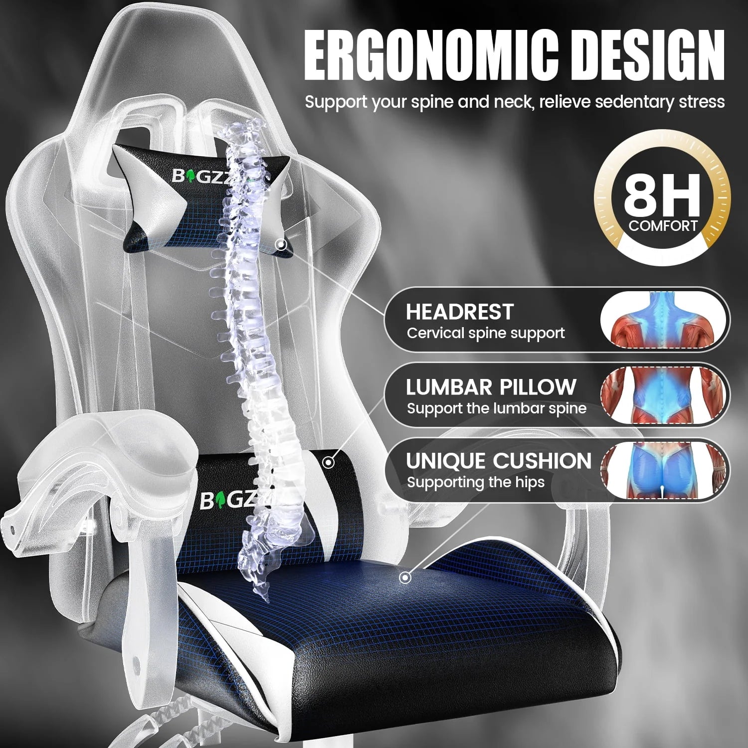 2026 New Bigzzia Gaming Chair Office Chair, Ergonomic Game Chair with Height Adjustable Headrest and Lumbar Support for Adults Teens, Black & White - Image 15