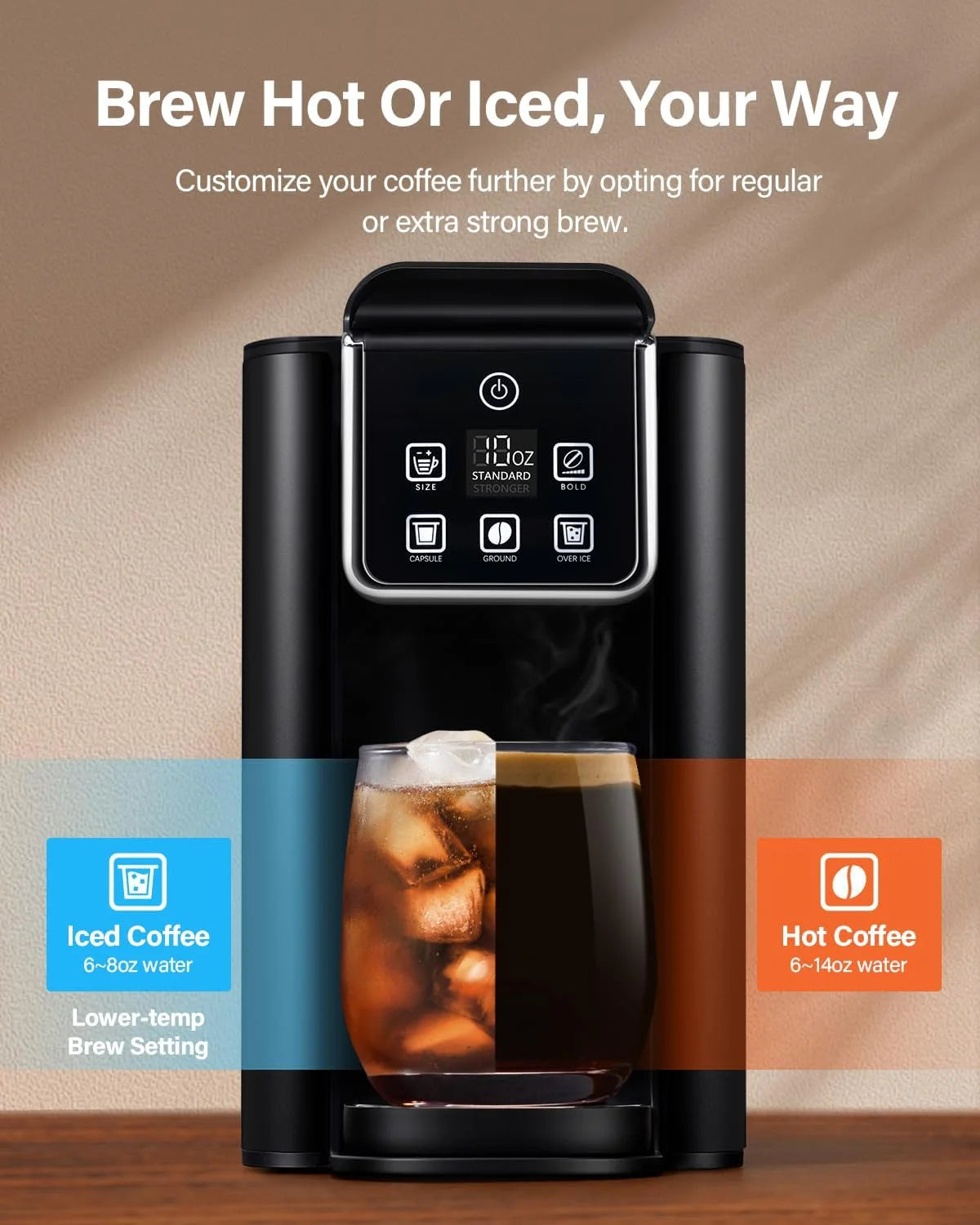 2026 New Single Serve Coffee Maker, Hot and Iced Coffee Machine for K-Cup Pods & Ground Coffee, 6 to 14 oz Brew Sizes, 50 oz Removable Water Tank, Bold Brew Setting, Stainless Steel, Black - Image 16