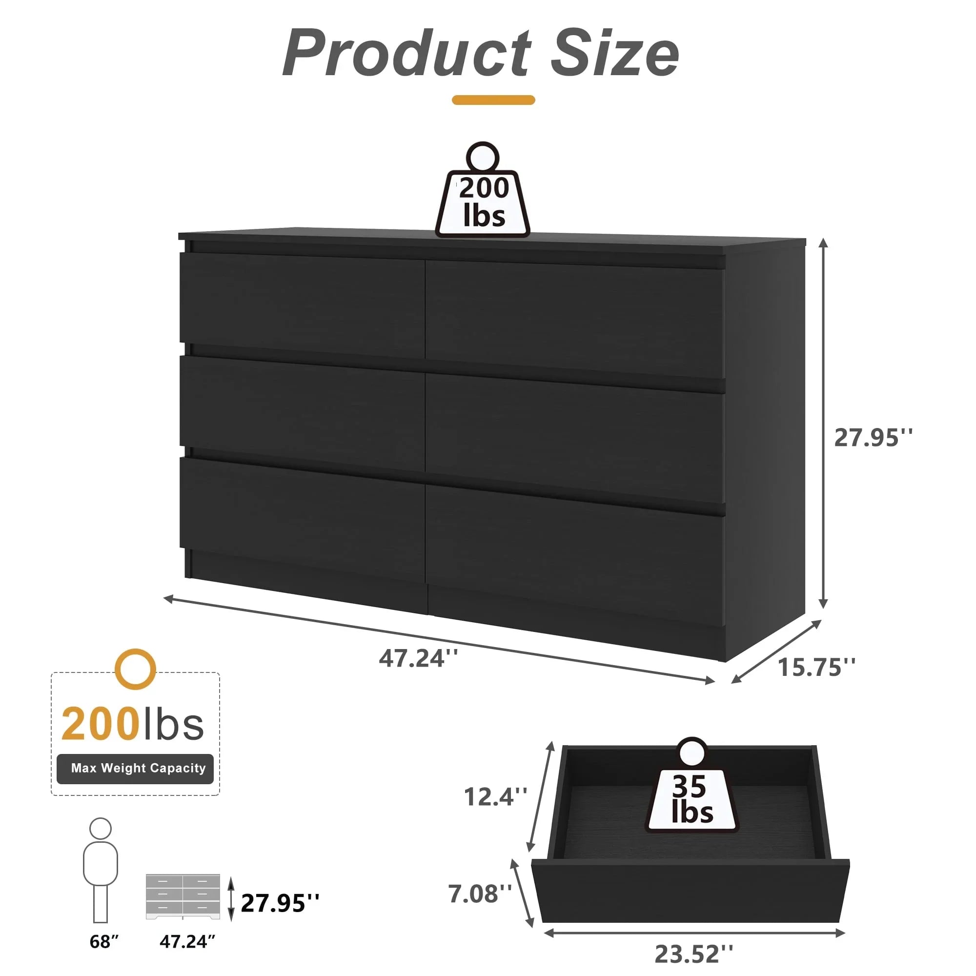 2026 New Kadyn Modern 6 Drawer Dresser Wood Cabinet,Dresser for Bedroom, Kitchen Storage Cabinet with Drawers, Chest of Drawers(Black) - Image 12