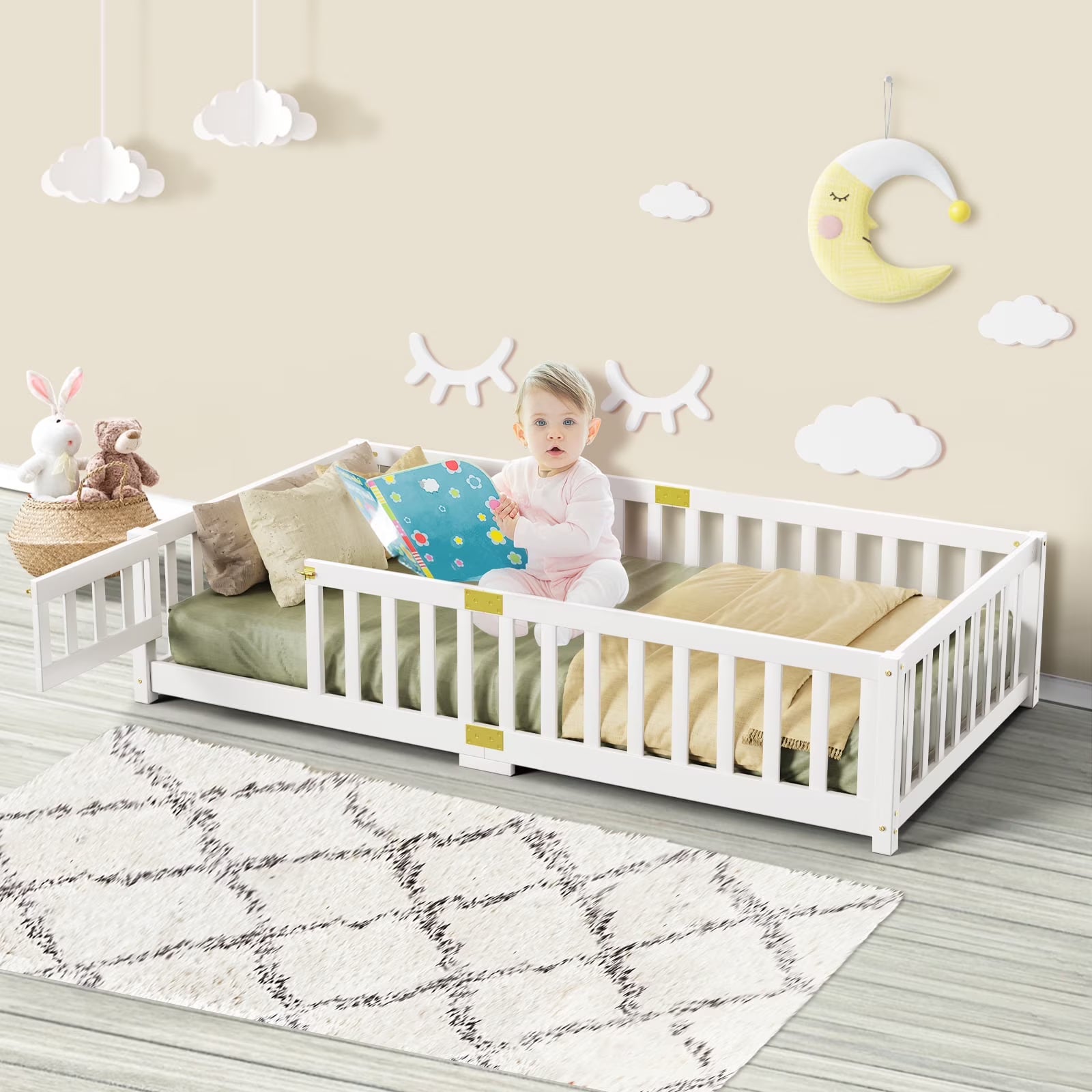 2026 New Slsy Twin Size Toddler Floor Bed, Solid Wood Montessori Bed Frame with Fence & Door Montessori Floor Bed Crib with Safety Guardrails for Girls and Boys