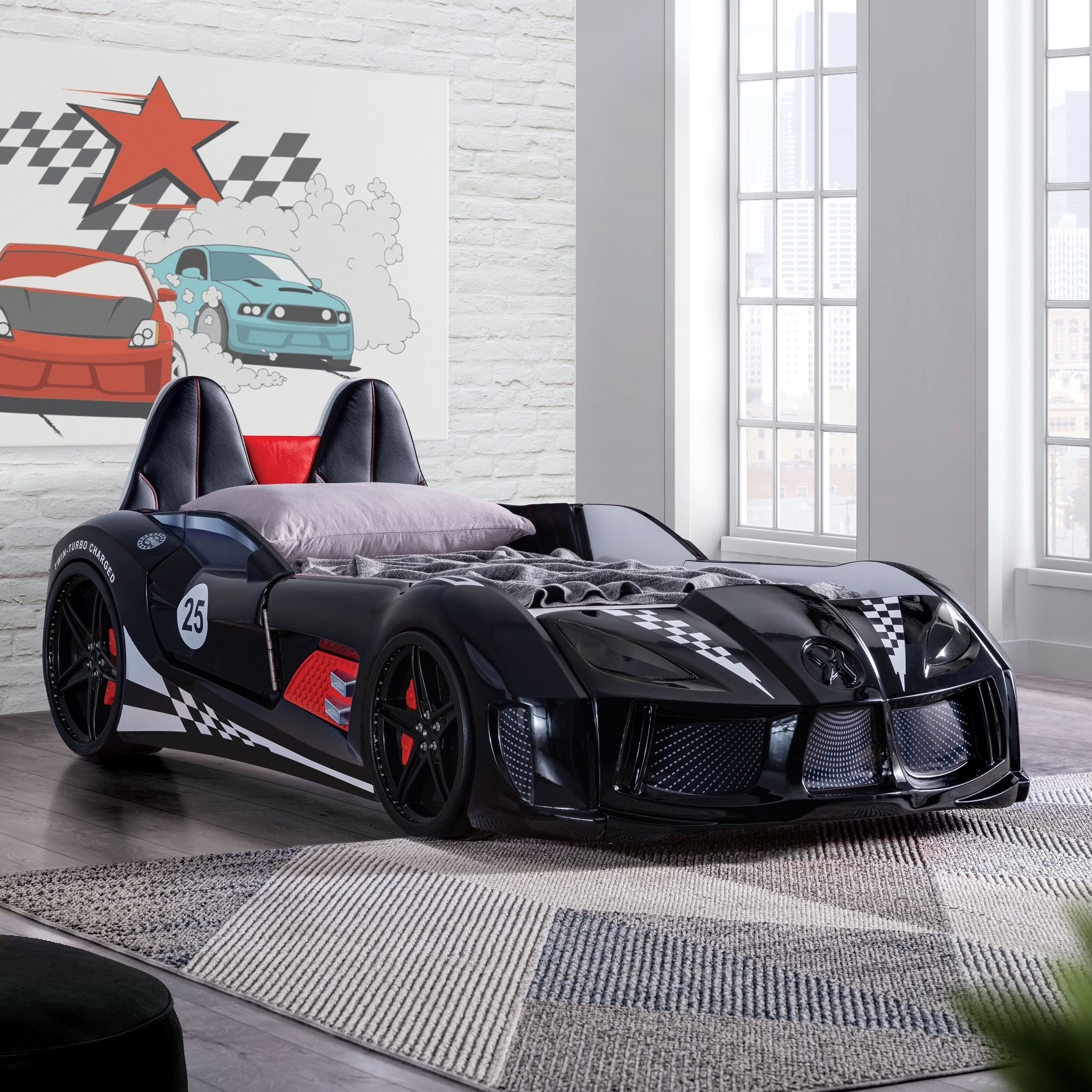 2026 New Furniture of America Dash Kids Plastic Twin Race Car Bed with LED and Sound, White - Image 3