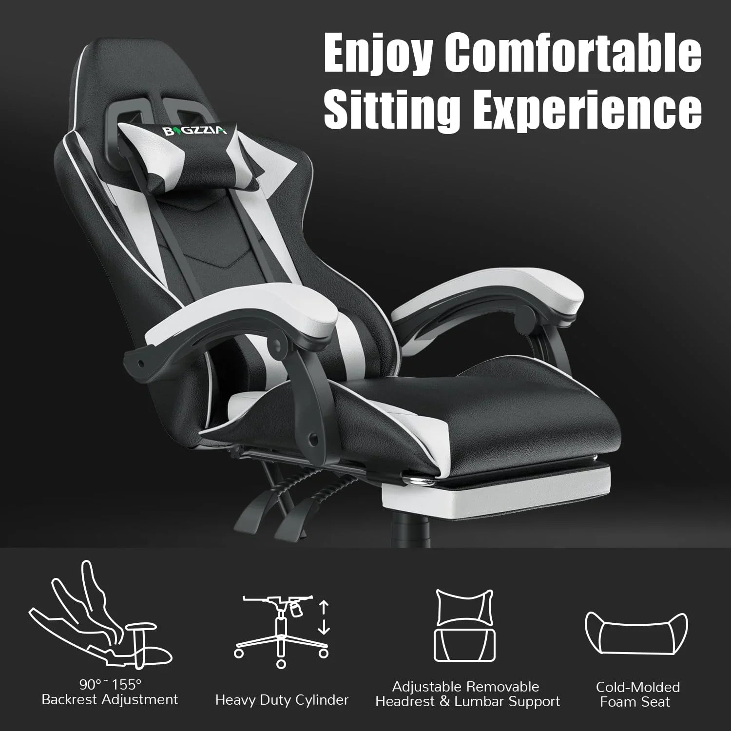 2026 New Bigzzia Gaming Chair Office Chair, Ergonomic Game Chair with Height Adjustable Headrest and Lumbar Support for Adults Teens, Black & White - Image 25